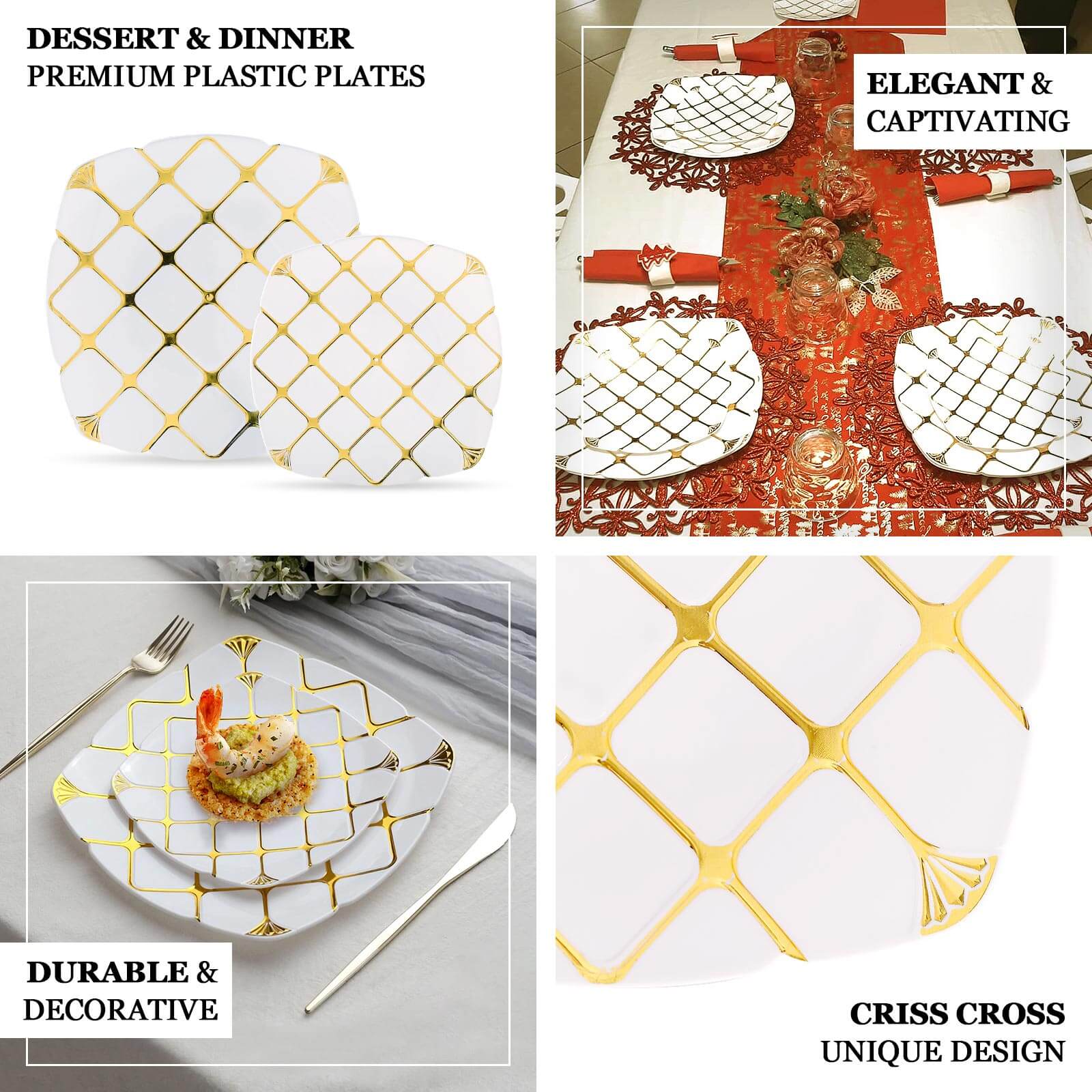 10-Pack Plastic 10 Square Dinner Plates in White with Gold Diamond Lattice Pattern - Disposable Party Plates for Weddings, Banquets & Special Events