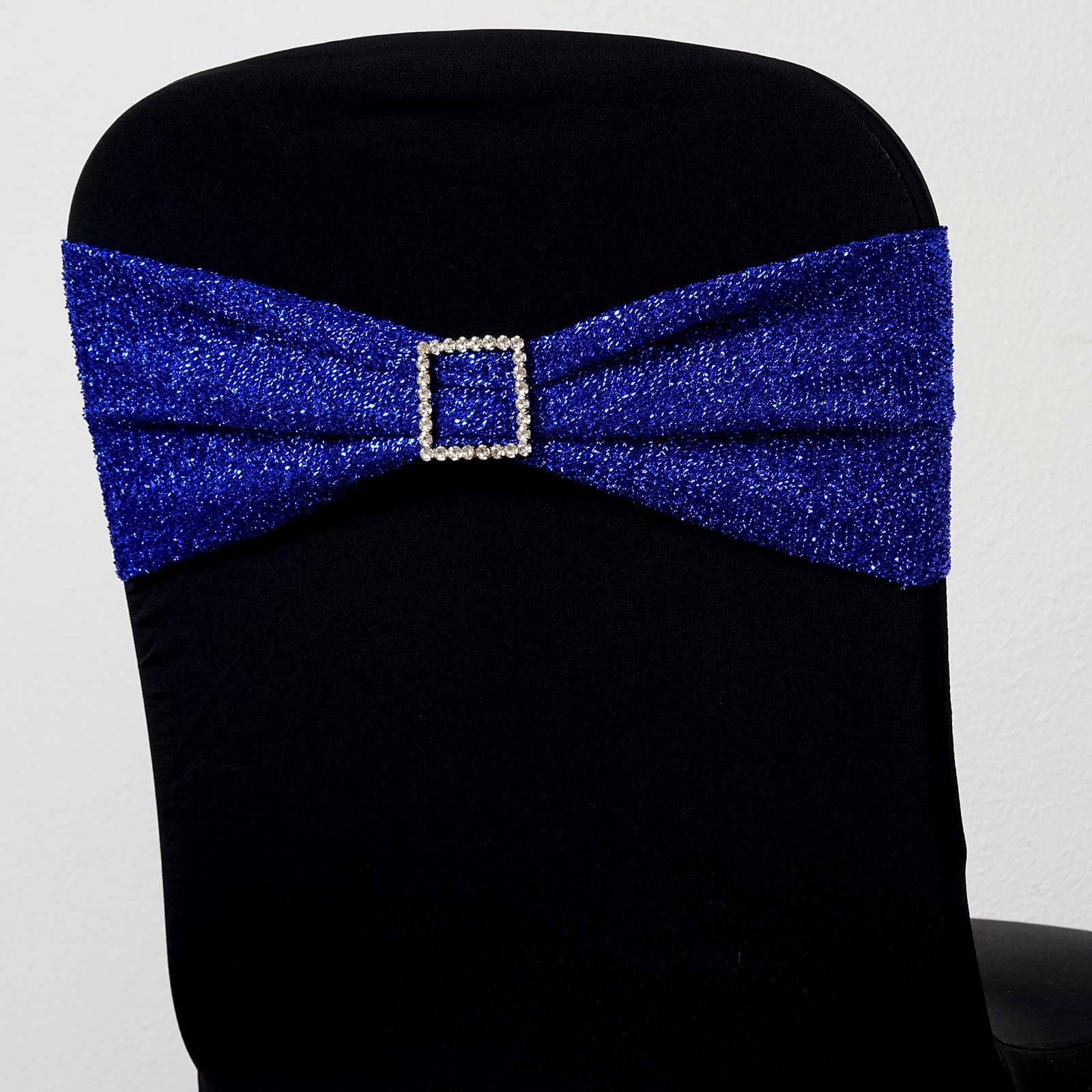 5 Pack Metallic Shimmer Tinsel Spandex Chair Sashes Royal Blue - Durable and Reusable Stretch Chair Bands