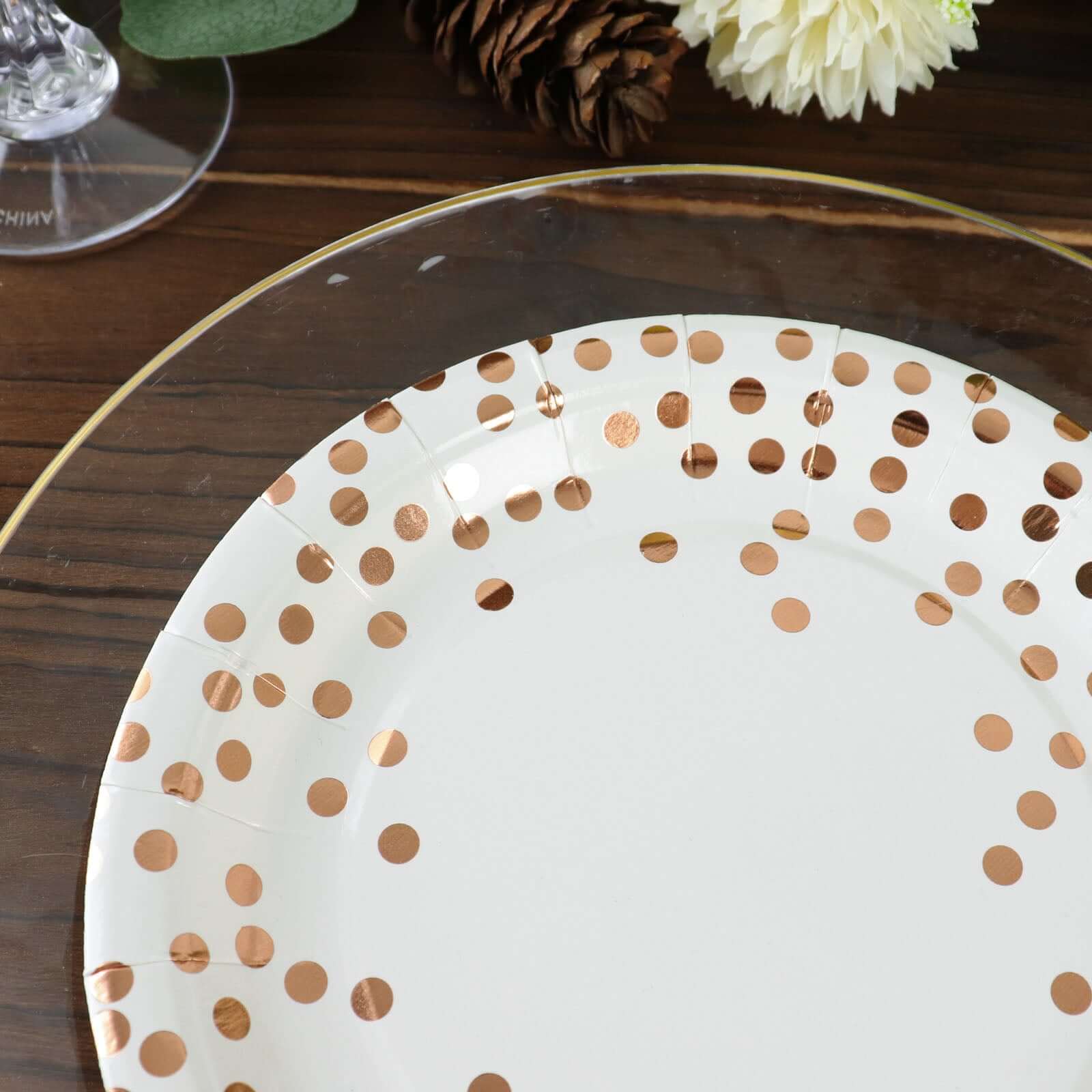 25 Pack 7 White Rose Gold Polka Dot Dessert Appetizer Paper Plates, Disposable Salad Party Plates - 300 GSM