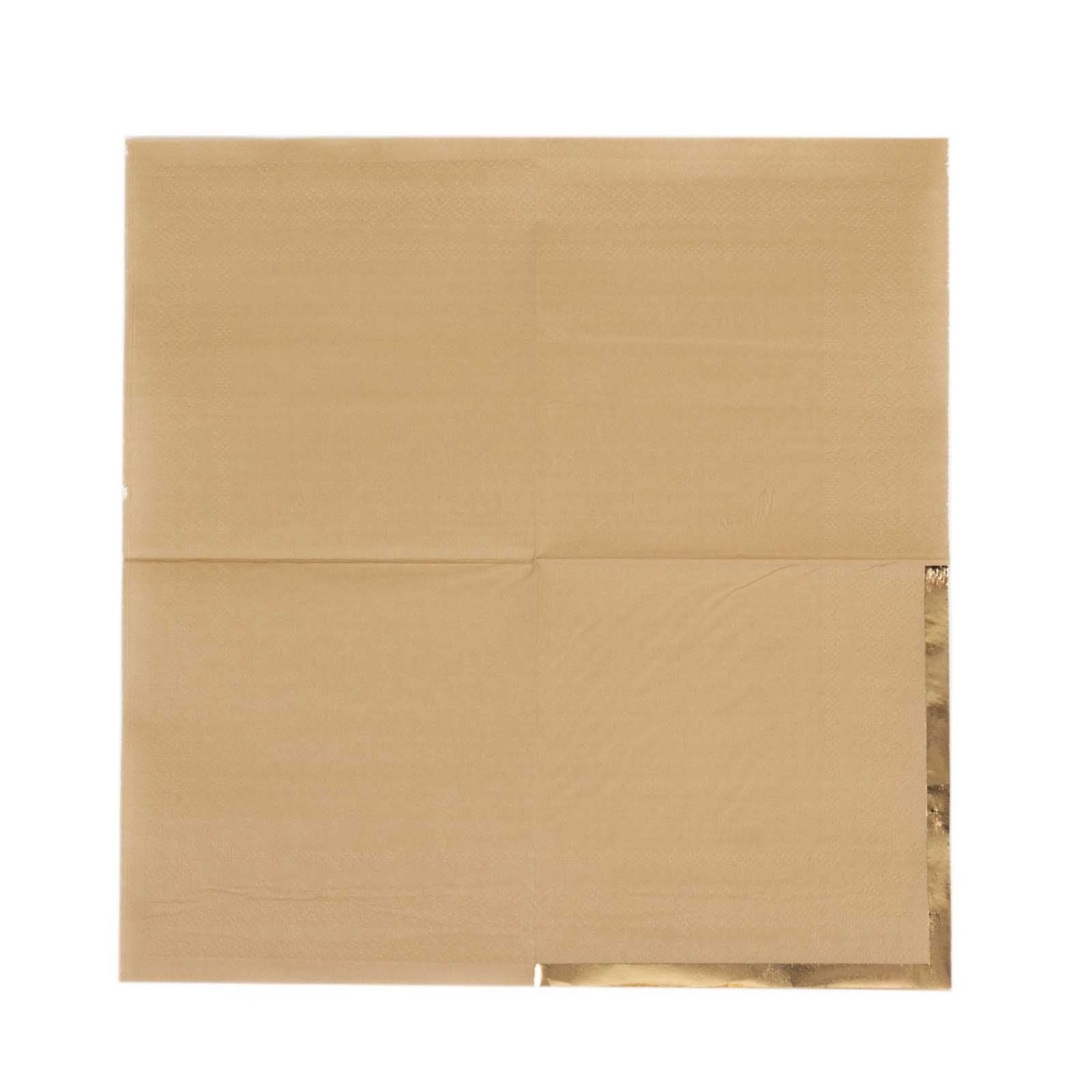 50-Pack Paper Beverage Napkins Natural with Gold Foil Edge - 2 Ply Disposable Soft 18GSM Cocktail Napkins 5x5