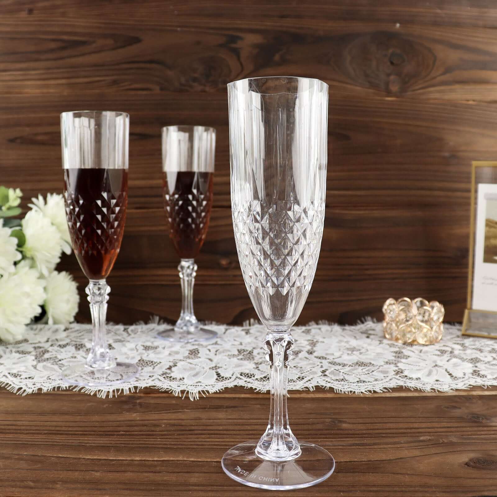 6-Pack Plastic Wedding Toast Flutes Clear Transparent Crystal Cut Style - Reusable Champagne Glasses 8oz