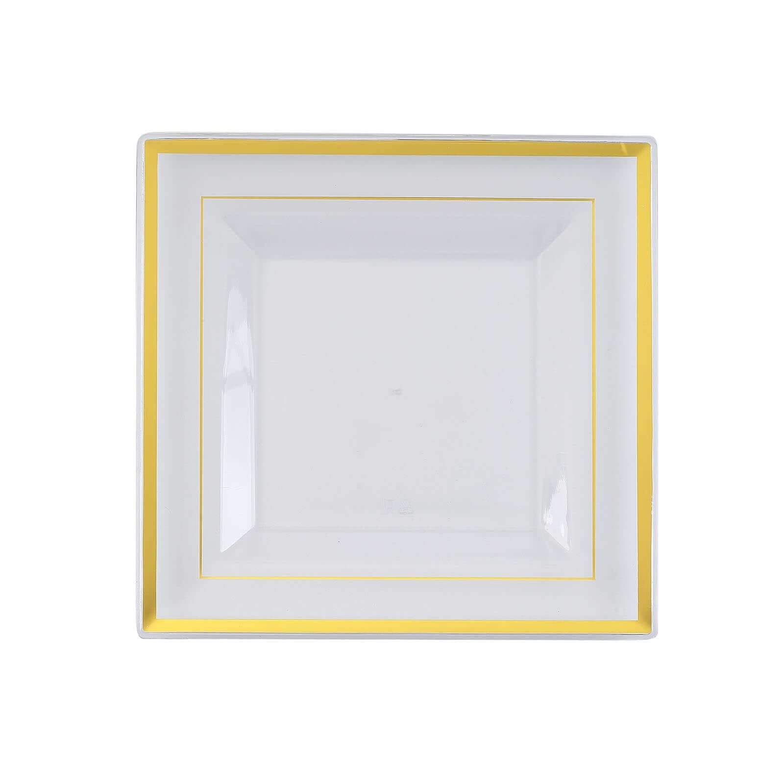 10-Pack Plastic Salad Dessert Plates Clear Square with Gold Trim - Durable Disposable Appetizer Plates 7