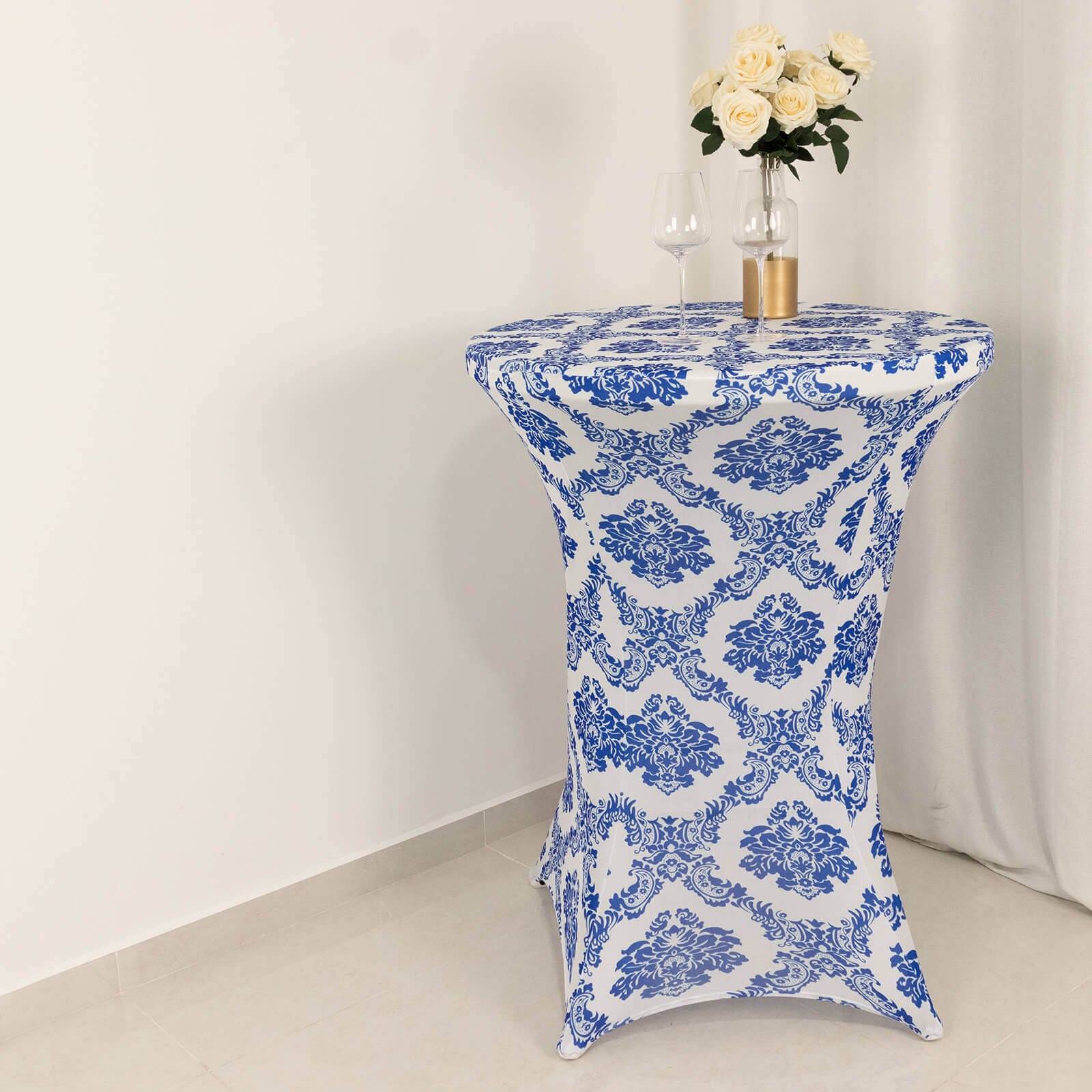 Spandex 24-32 Round Cocktail Table Cover Royal Blue Damask Highboy Tables - Easy to Maintain Stretch Fitted Tablecloth