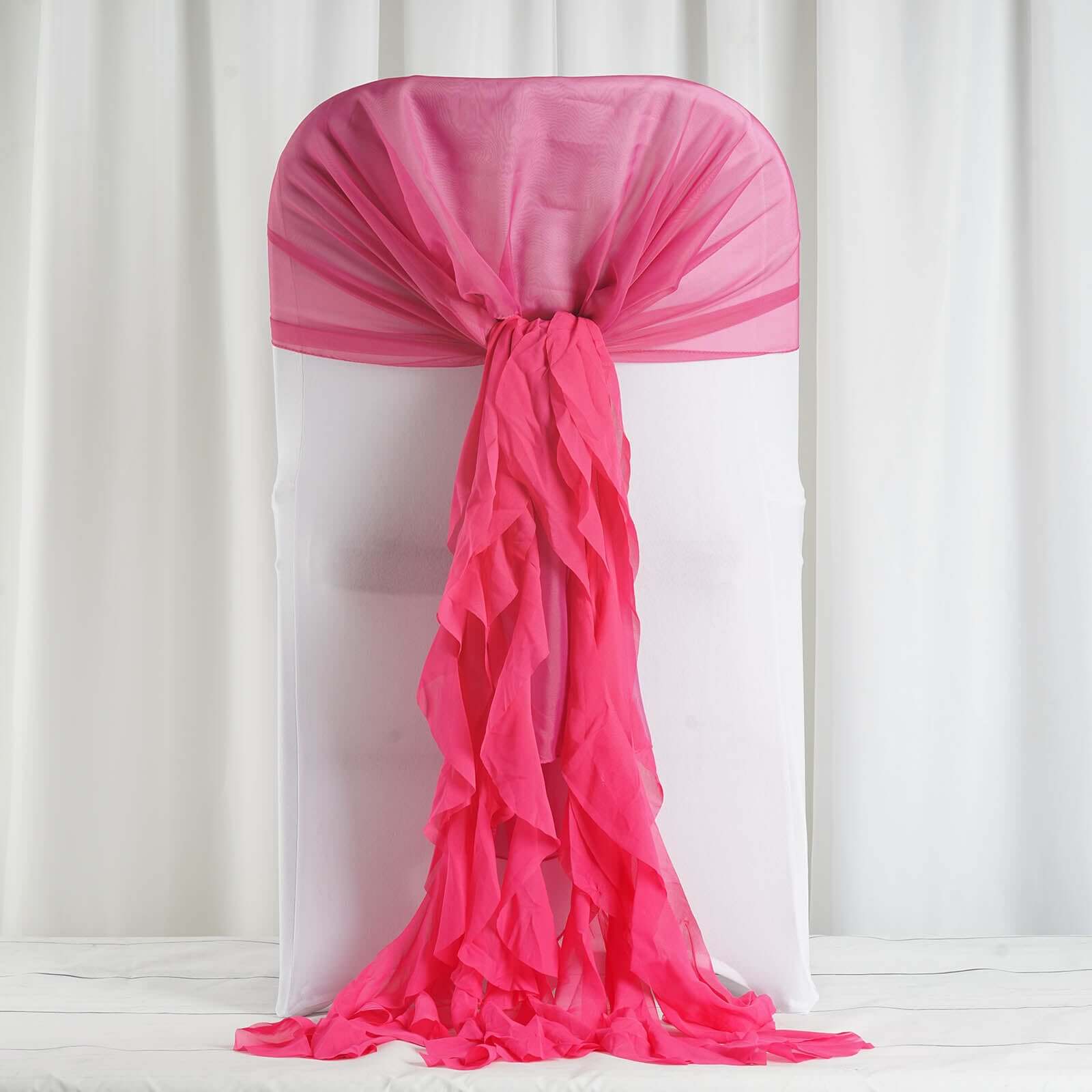 1 Set Chiffon Hoods Chair Sashes with Willow Ruffles Design Fuchsia - Stylish Chair Bow Decor