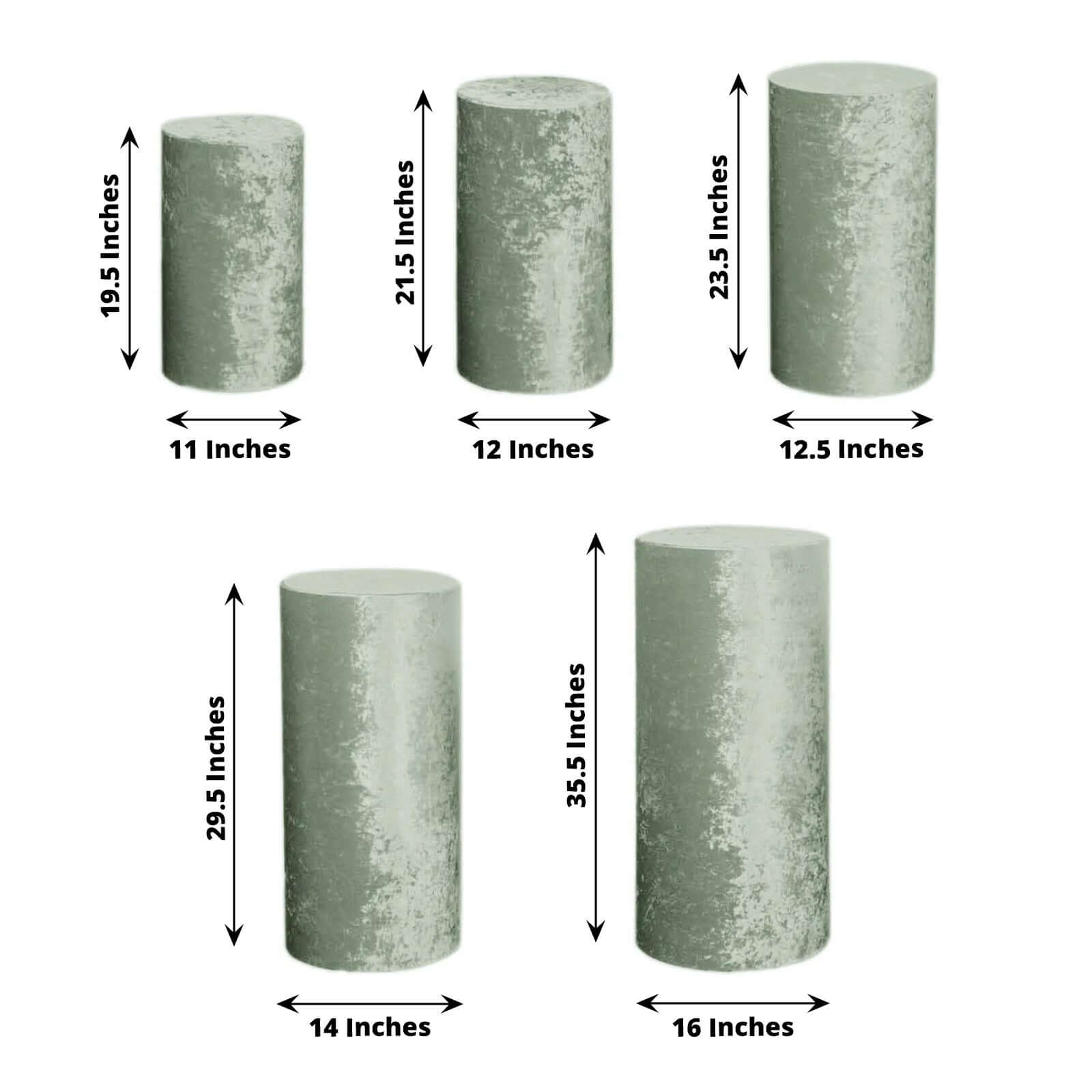 Set of 5 Sage Green Crushed Velvet Cylinder Pedestal Stand Covers, Premium Pillar Prop Covers