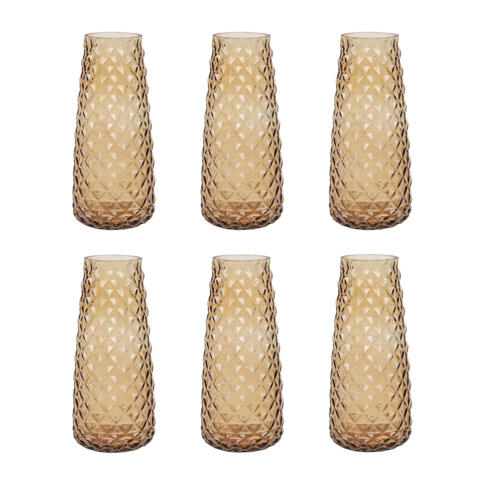 6-Pack Glass Urn Vases Amber Gold with Diamond Crystal Cut Pattern - Stylish Decorative Design for Event Decor 8.5