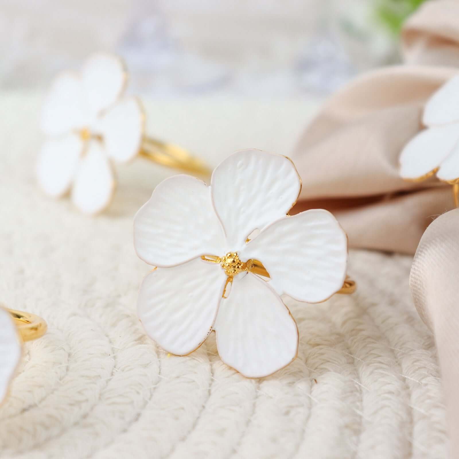 4 Pack White and Gold Metal Flower Napkin Rings, Floral Serviette Buckle Napkin Holder Set - Plum Blossom Design