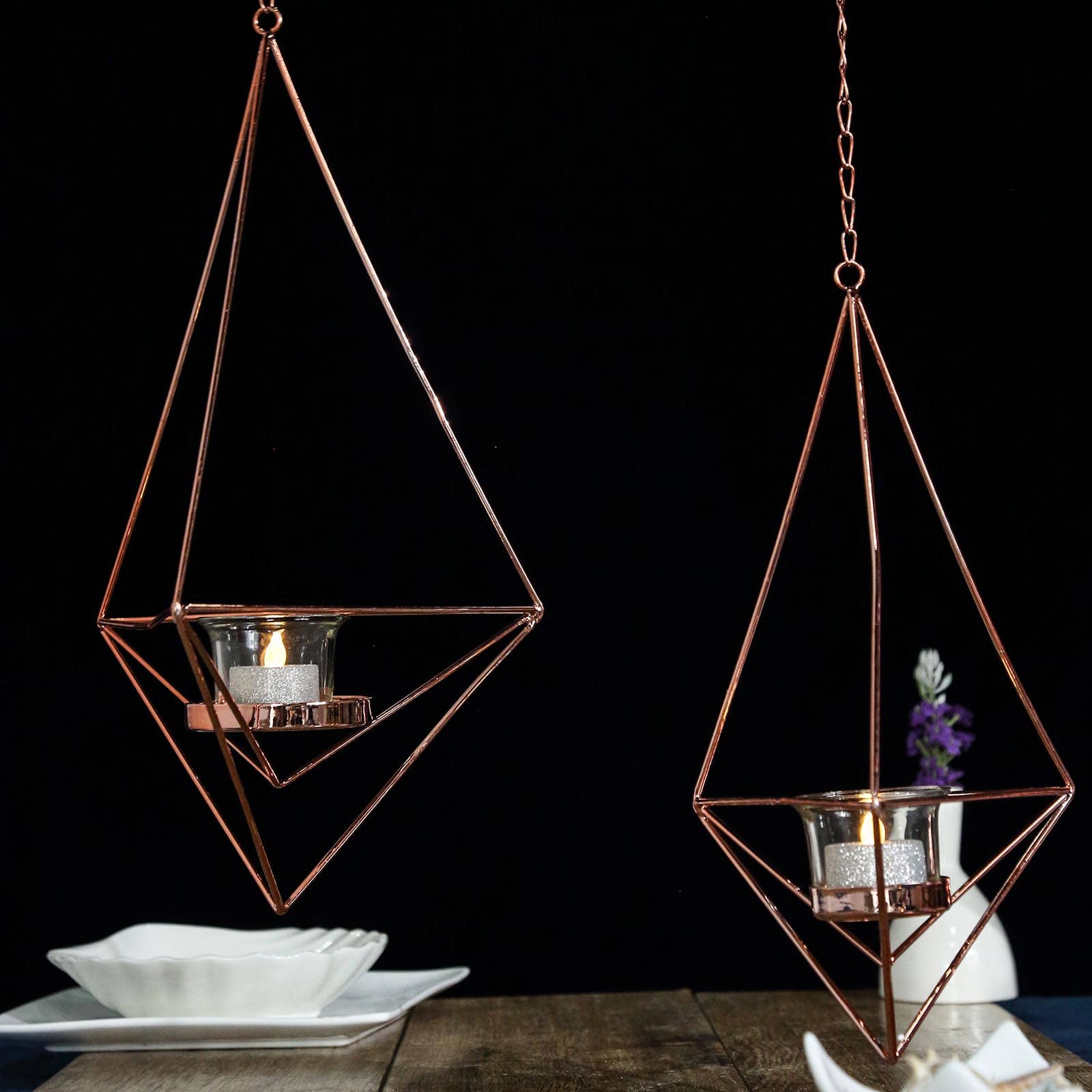 Set of 2 Hanging Tealight Candle Holders Rose Gold Metal Diamond Geometric Open Frame - Flower Terrariums 12, 15