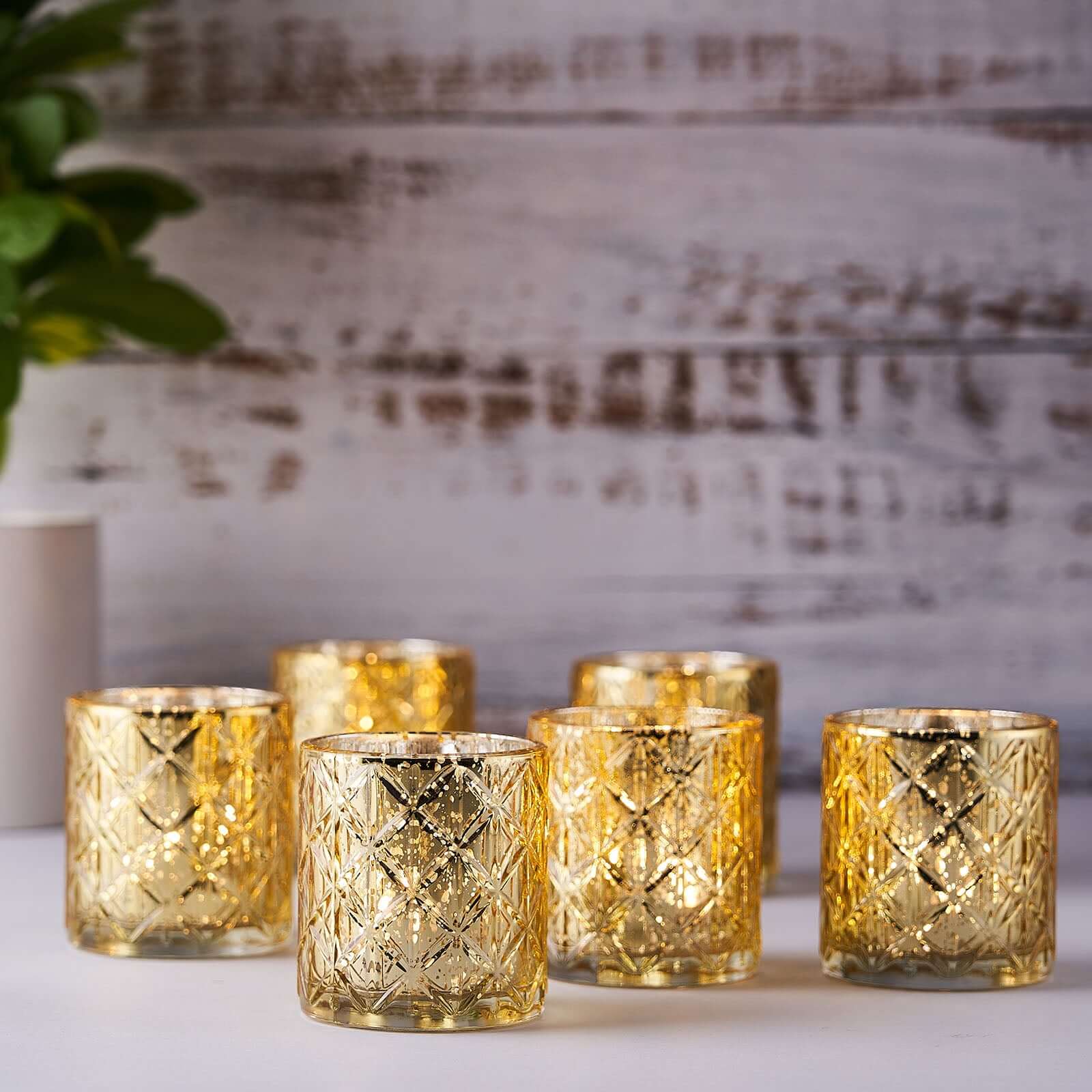 6-Pack Mercury Glass Candle Holders Shiny Gold with Geometric Design - Votive Tealight Holders 3