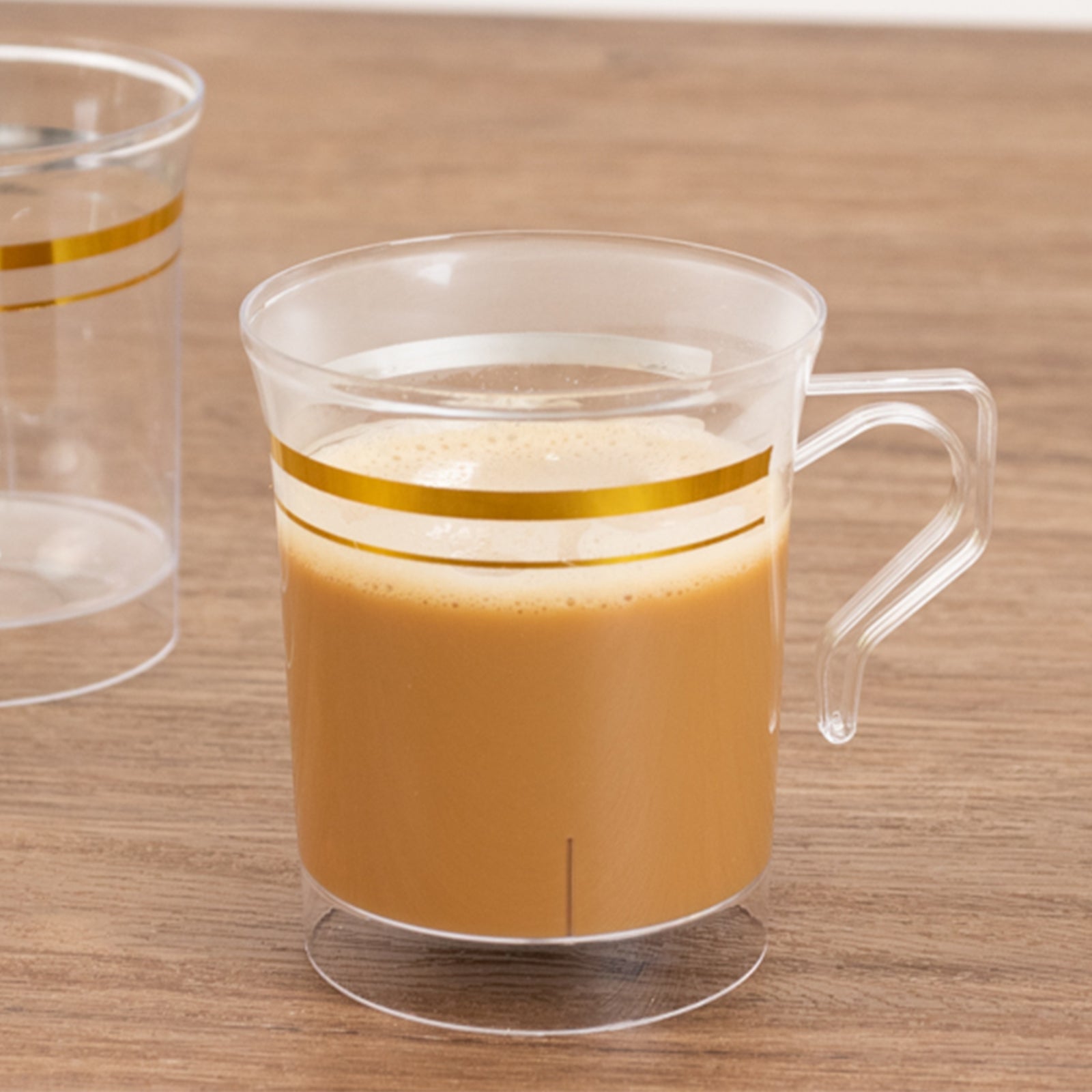 8-Pack Plastic Coffee Mugs Clear with Gold Stripes - Sturdy Disposable Cups for Coffee and Tea 8oz 3.5