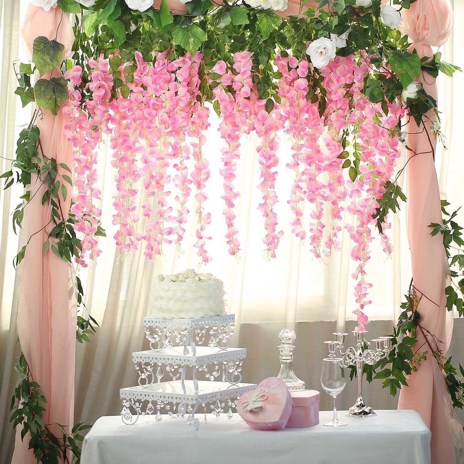 5 Pack 44 Silk Hanging Wisteria Flower Garland Vines in Pink, 3 Strands in 1 Bush