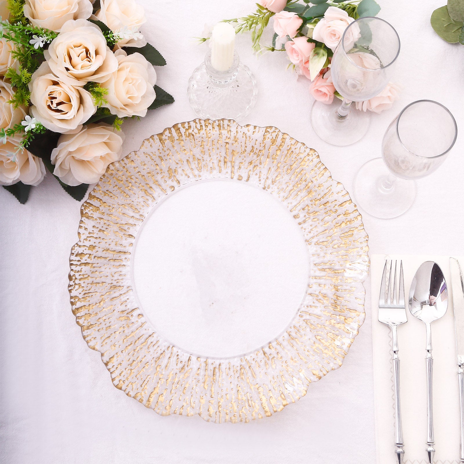 6-Pack Plastic Round Charger Plates 12 in Clear with Gold Brushed Scalloped Reef Rim, Decorative Dinner Party Serving Plates