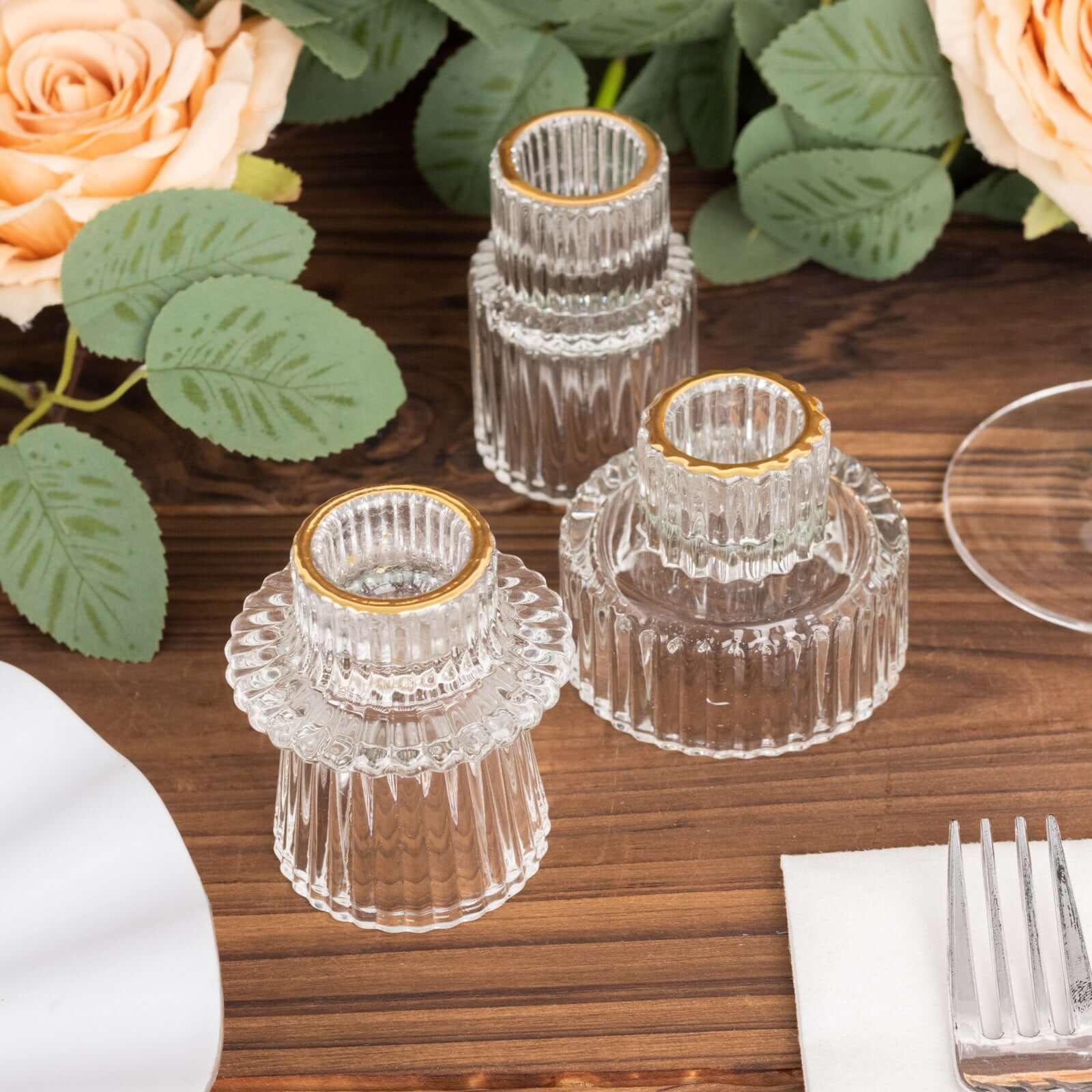 Set of 6 Glass Taper Candle Holders Ribbed Crystal Design with Gold Rim Clear - Reversible Mini Votive Tealight Stands 3