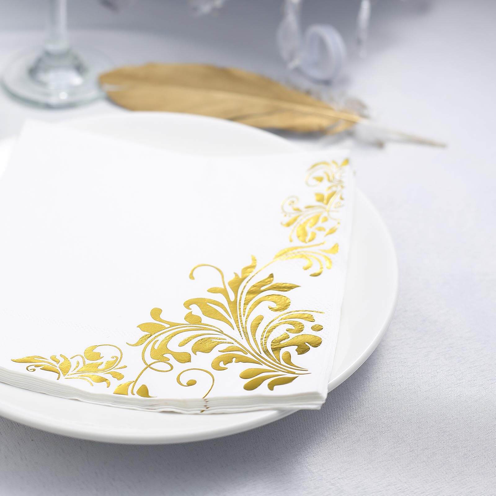 20-Pack Paper Dinner Napkins with Floral Design Metallic Gold - Disposable 3 Ply Cocktail Napkins for Weddings