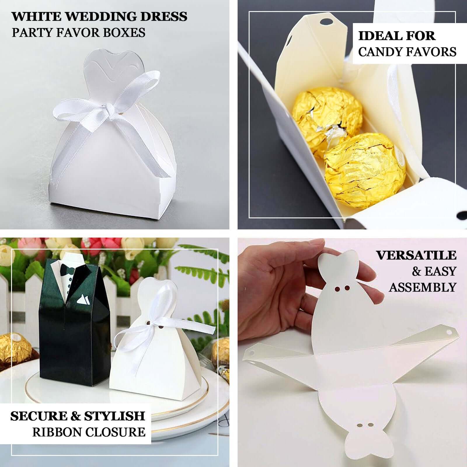 100 Pack White Wedding Dress Candy Gift Boxes, Party Favor Boxes with Ribbon Ties - 2.5x3.5