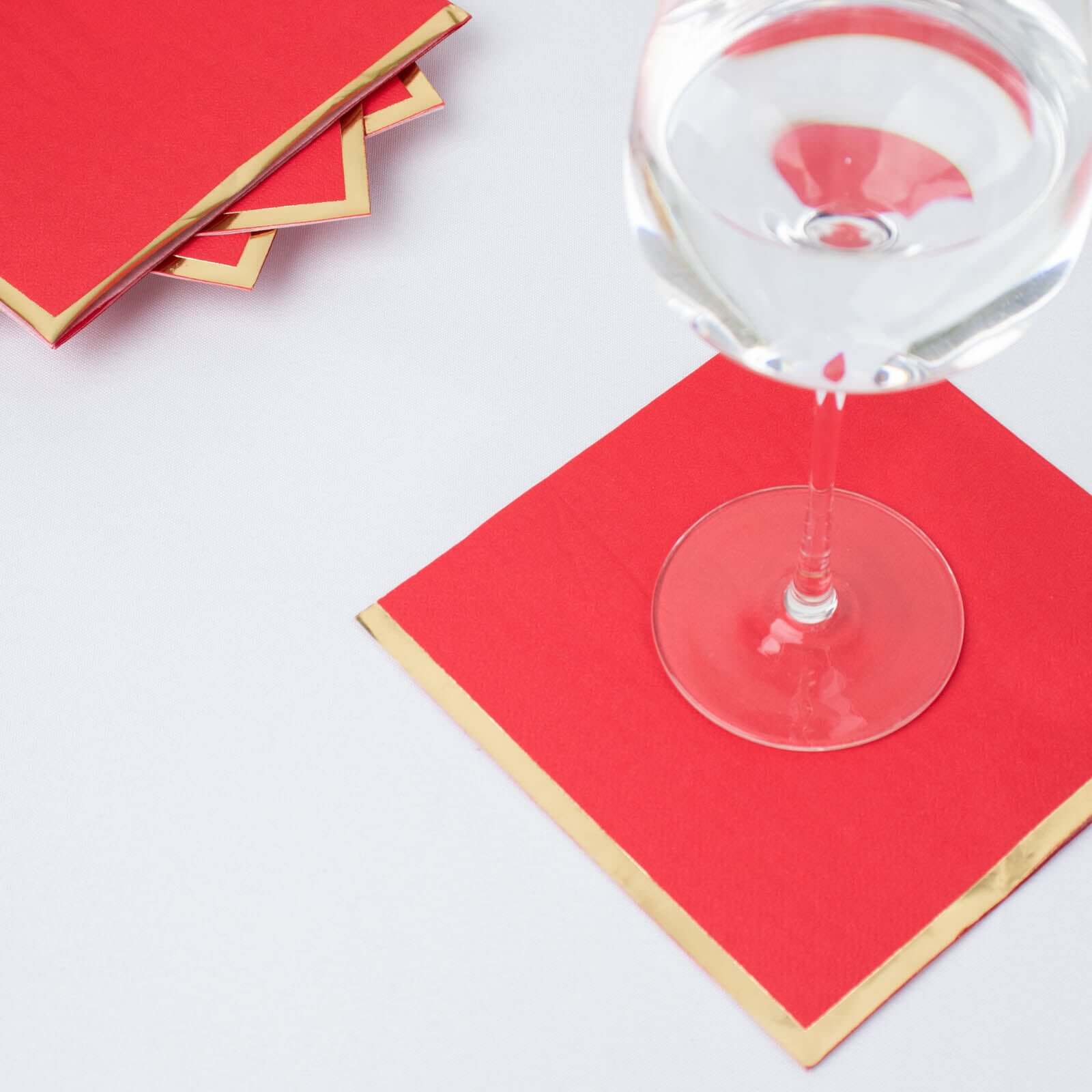 50-Pack Paper Beverage Napkins with Gold Foil Edge Red - Disposable 2 Ply Cocktail Napkins for Events 6.5x6.5