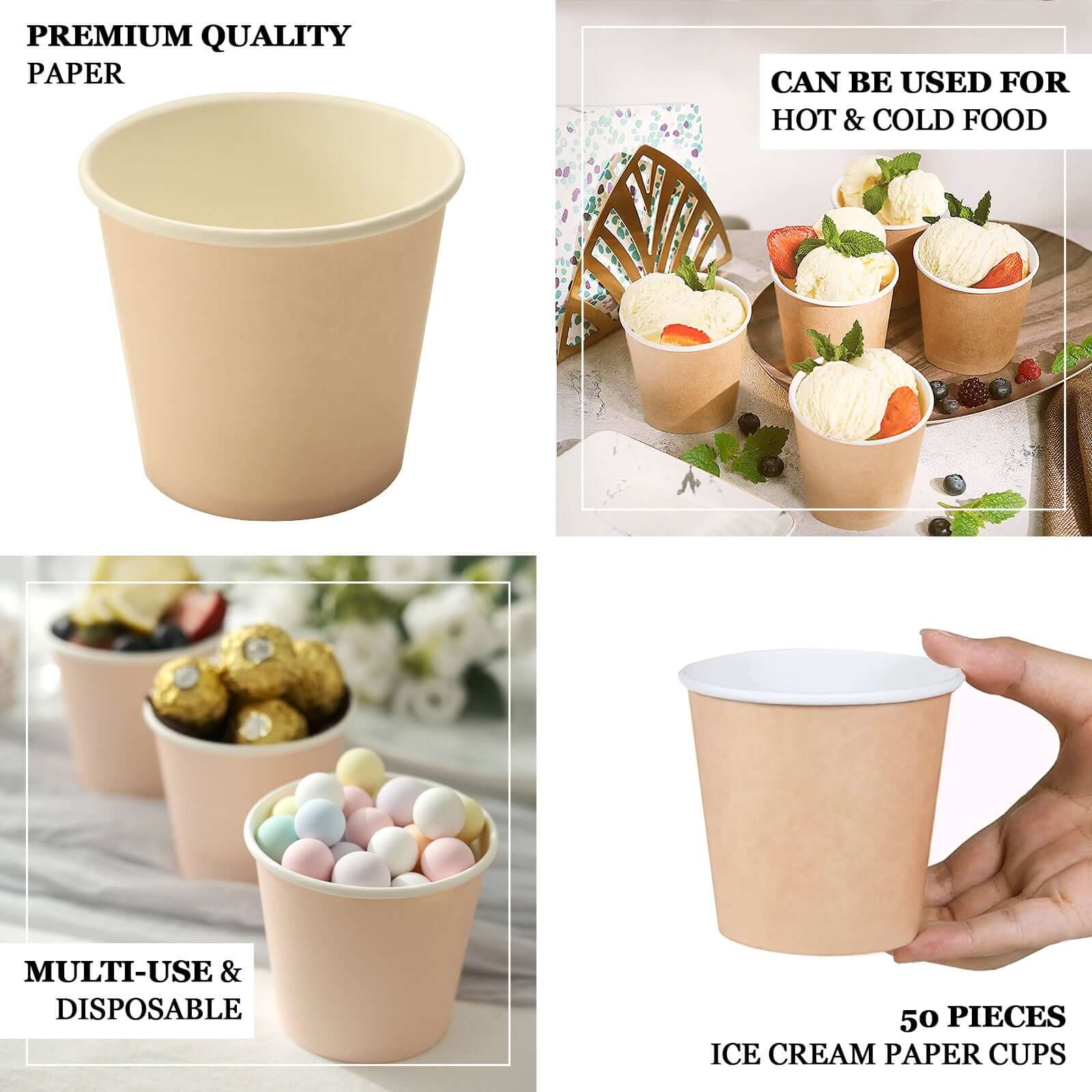 50-Pack Paper Dessert Cups Eco-Friendly Blush Design - Ideal for Ice Cream and Yogurt 10oz