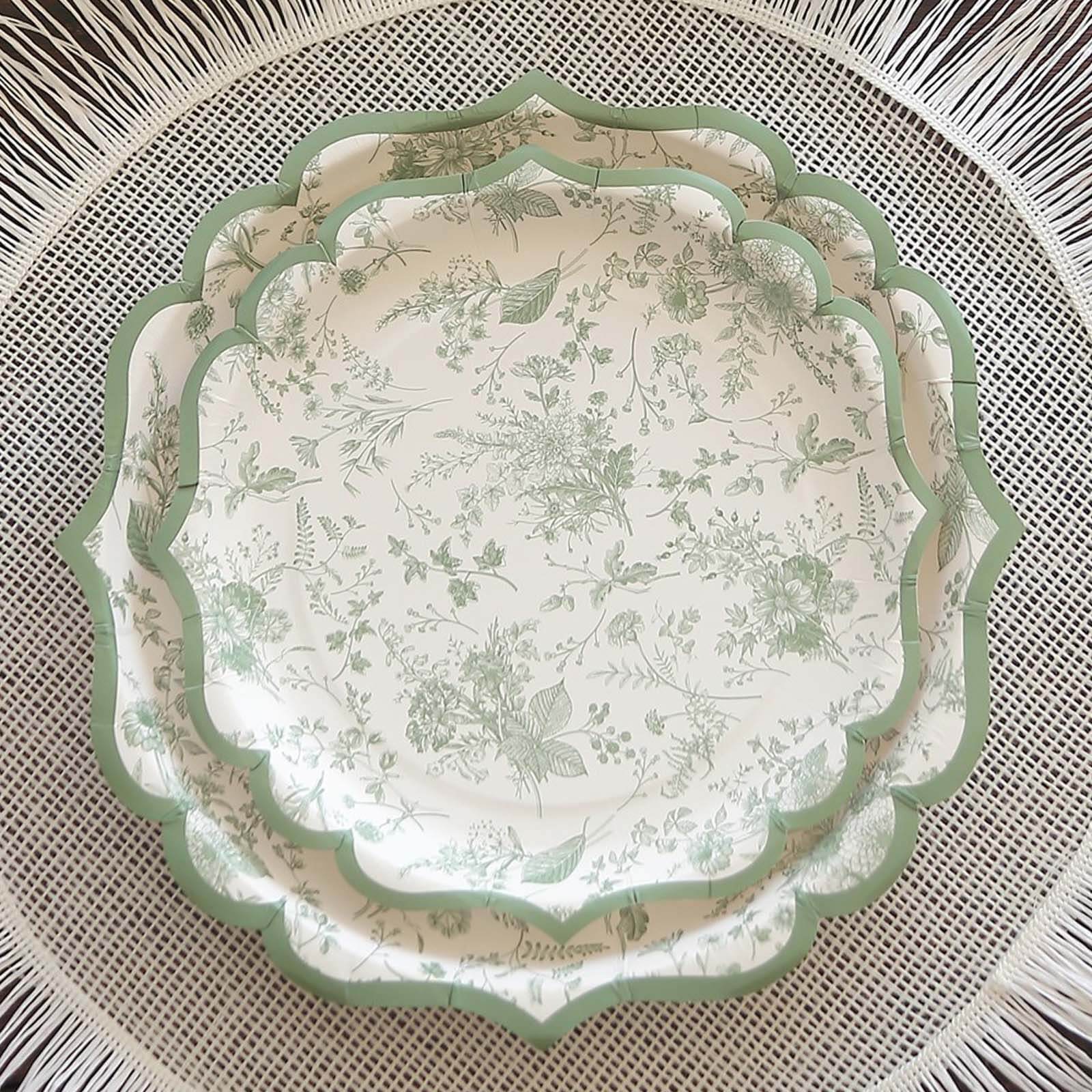 25-Pack Paper 10 Round Dinner Plates in White with Sage Green French Toile Design & Scalloped Rim - Disposable 300GSM Party Plates for Classy Events & Special Occasions