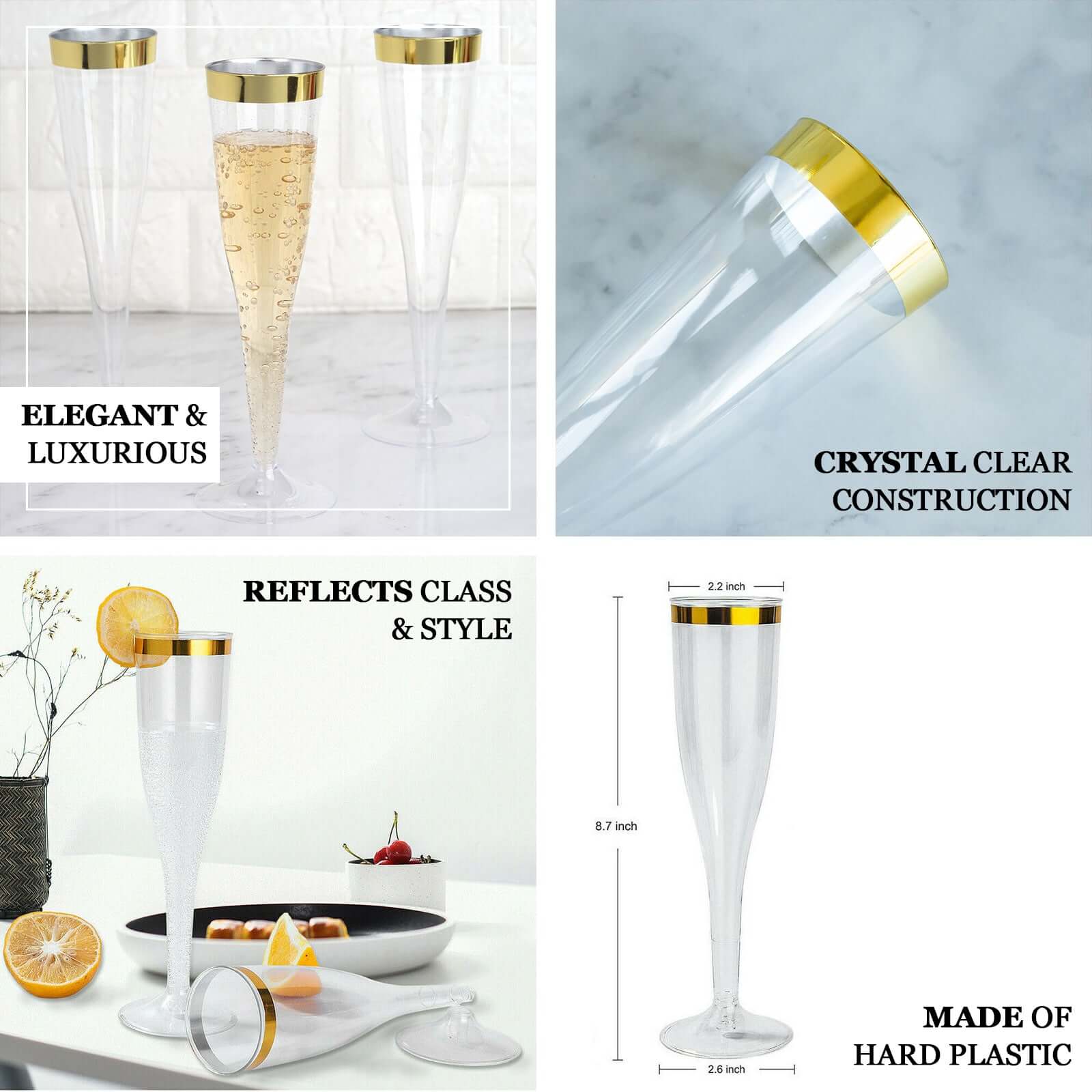 12-Pack Plastic Champagne Flutes Clear/Gold Hollow Stem - Stylish Disposable Glasses with Detachable Base for Toasts 6oz