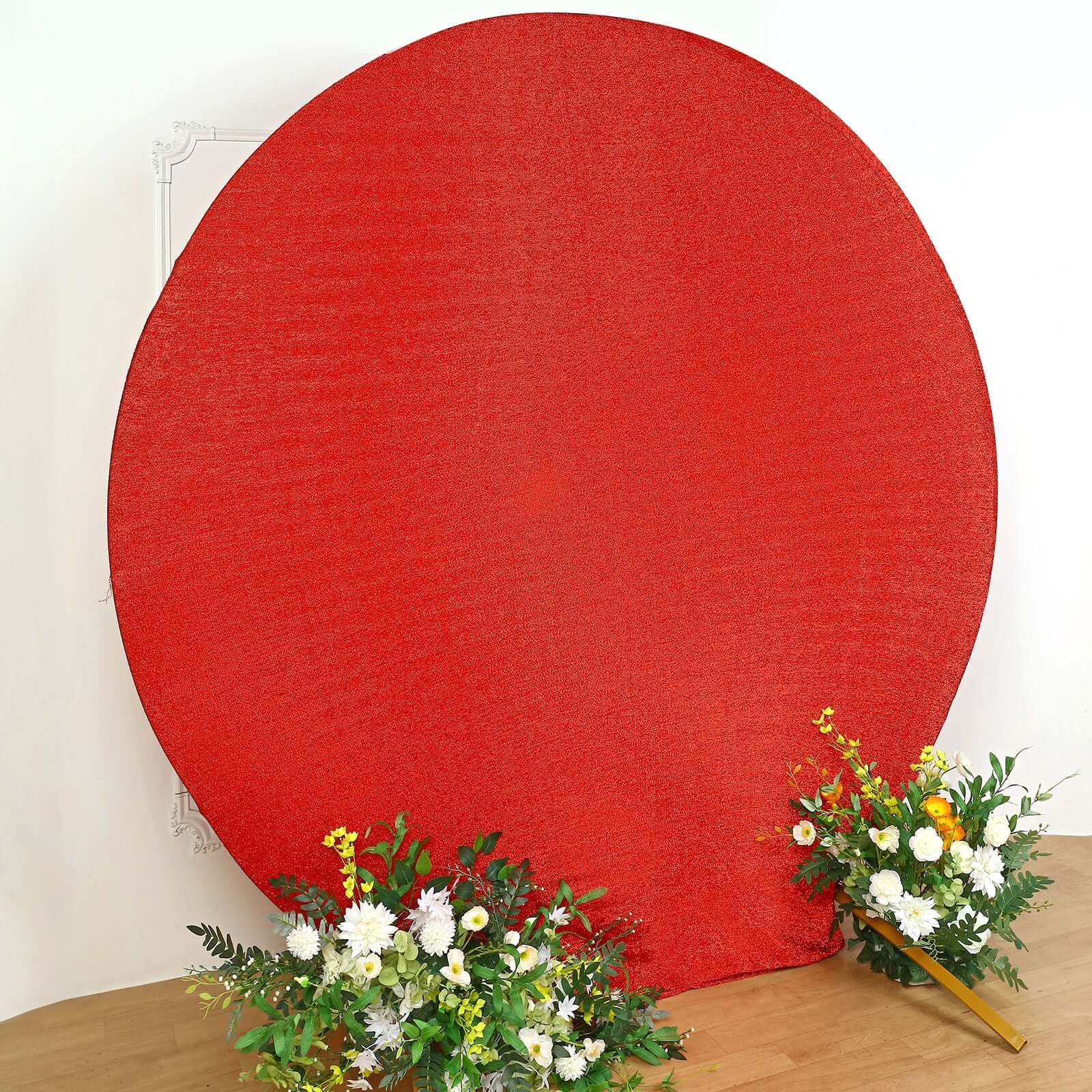 7.5ft Red Metallic Shimmer Tinsel Spandex Round Wedding Arch Cover, 2-Sided Photo Backdrop