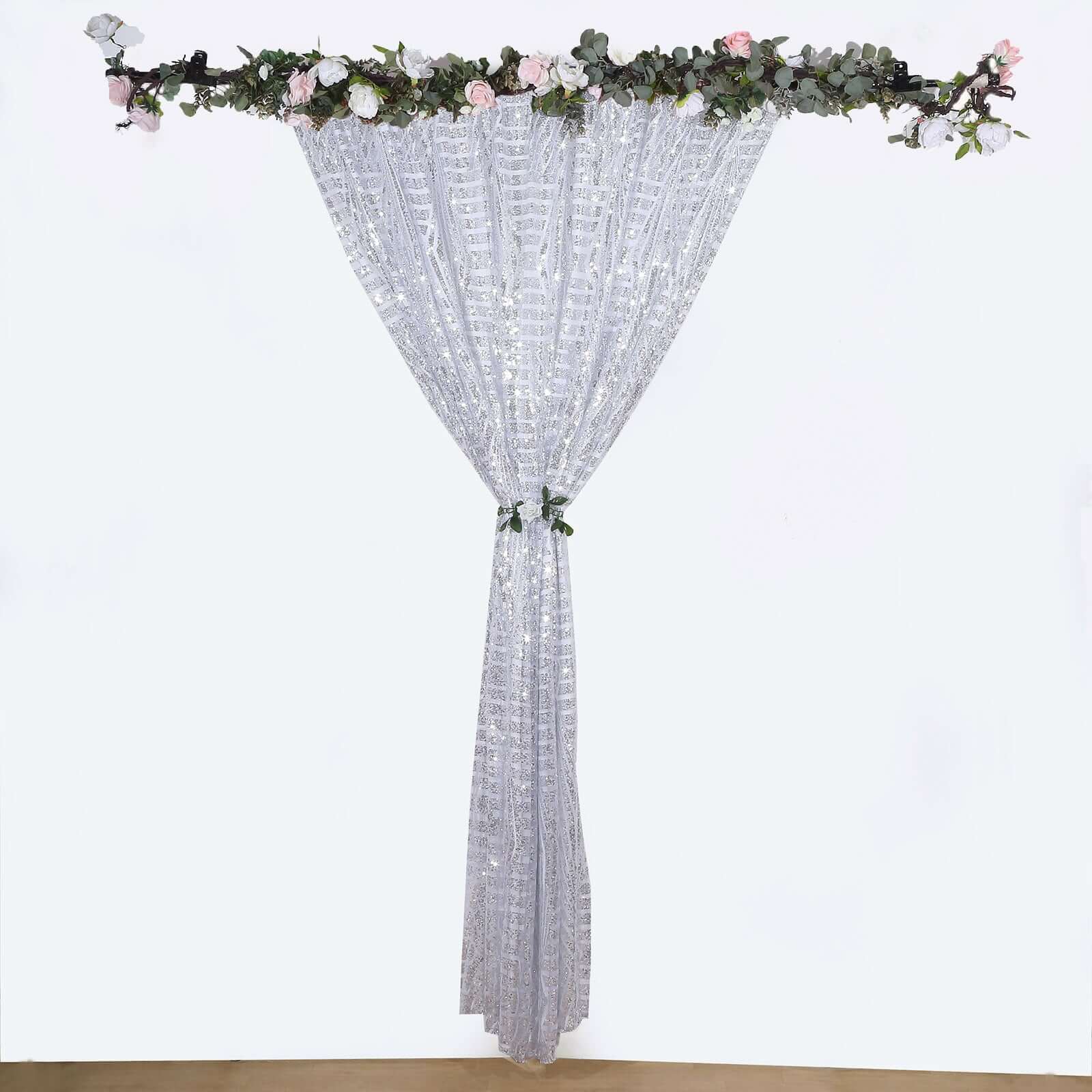 8ftx8ft Silver Geometric Sequin Event Curtain Drapes with Satin Backing, Seamless Opaque Sparkly Backdrop Event Panel in Diamond Glitz Pattern