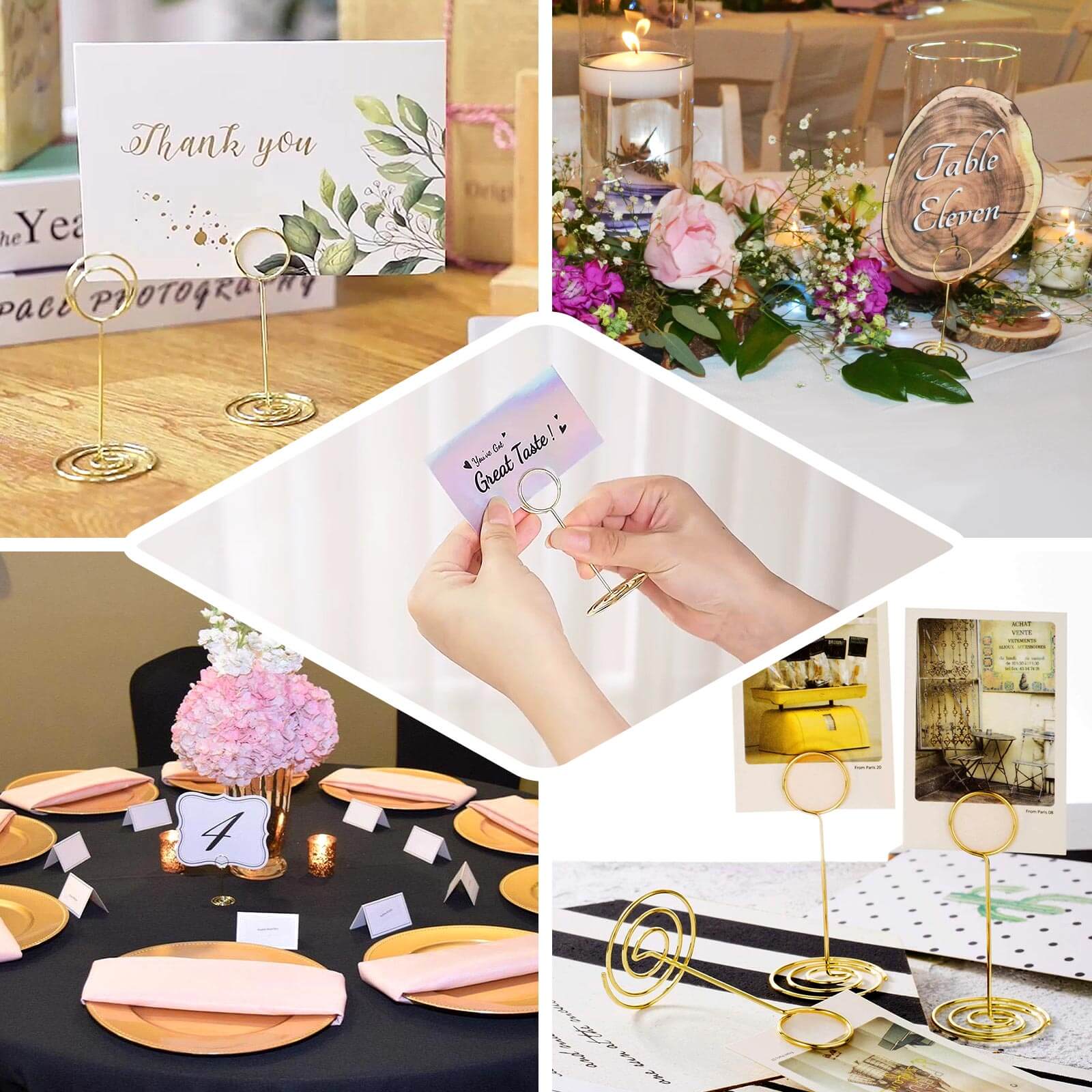 10-Pack Metal Card Holder Stands Mini Circle Hoop Design Gold - Table Number Stands and Wedding Place Card Menu Clips 3.5