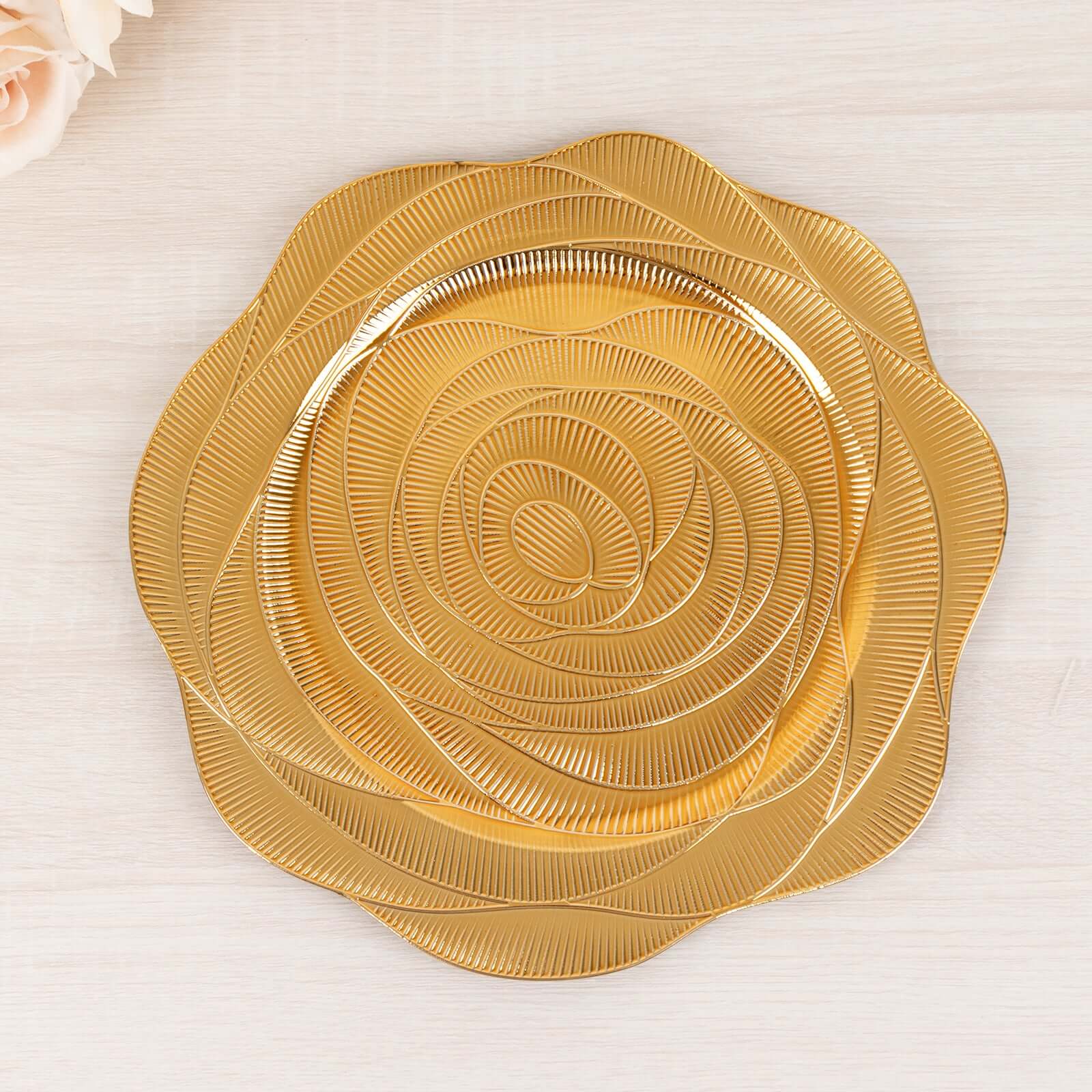 6-Pack Acrylic Round Charger Plates 13 in Metallic Gold with Ribbed Rose Pattern, Event Tabletop Decorative Charger Tableware