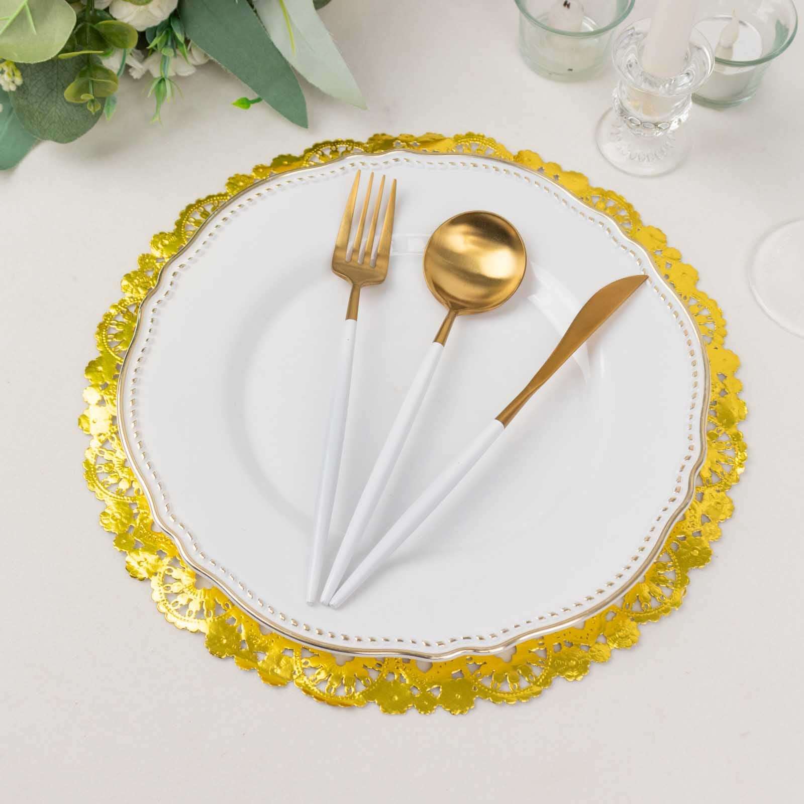 50-Pack Paper 12 Round Placemats in Metallic Gold - Disposable 50GSM Lace Doilies with Medallion Style for Dessert Display & Table Decor