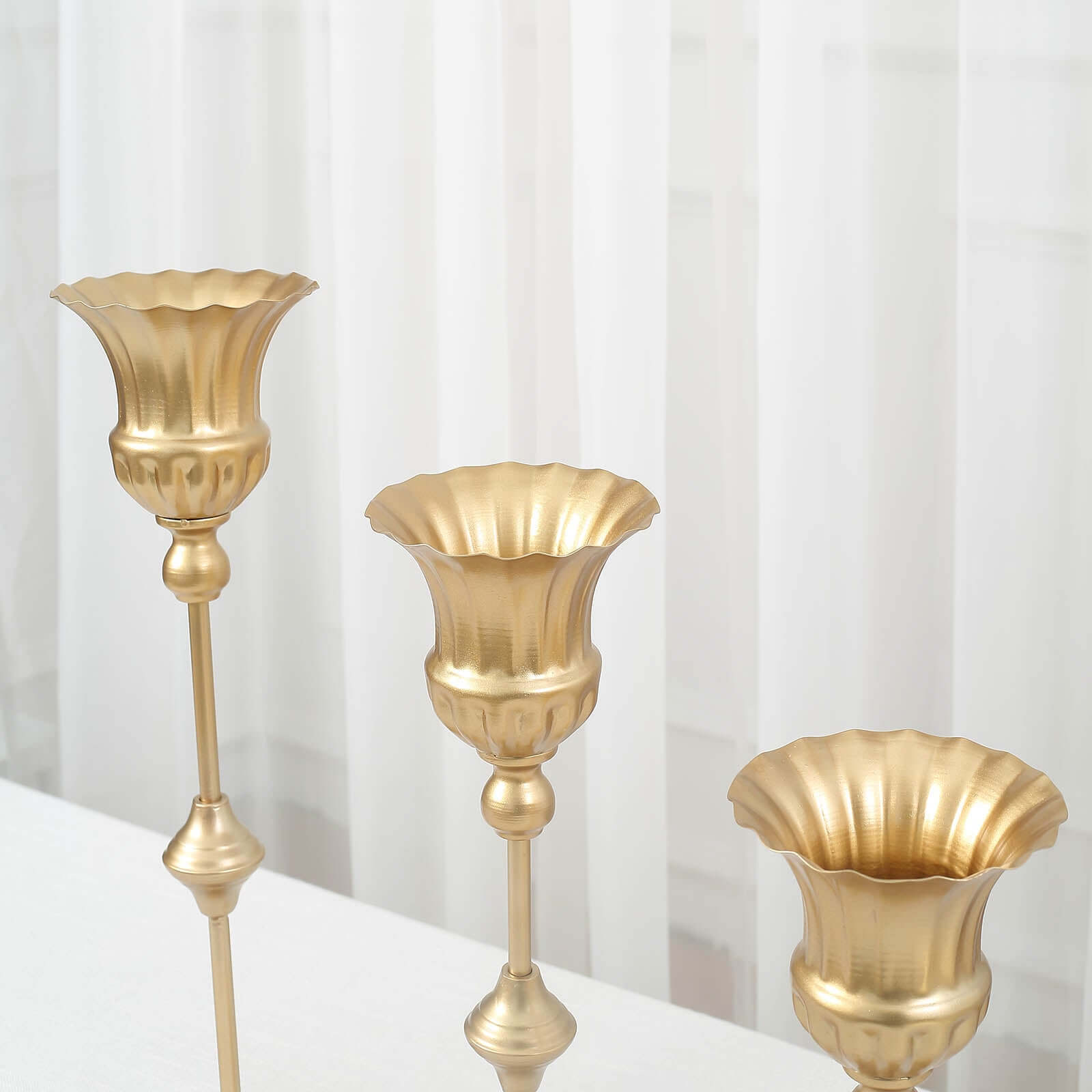 Set of 3 Trumpet Flower Vase Centerpieces Metallic Gold - Vintage Style Flute Table Decorative Stands 13, 16, 19