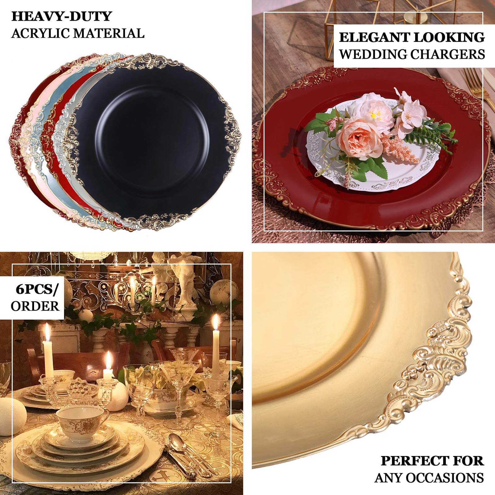 6-Pack Acrylic Round Charger Plates 13 in Gold with Embossed Baroque Rim, Antique Decorative Dinner Party Charger Tableware