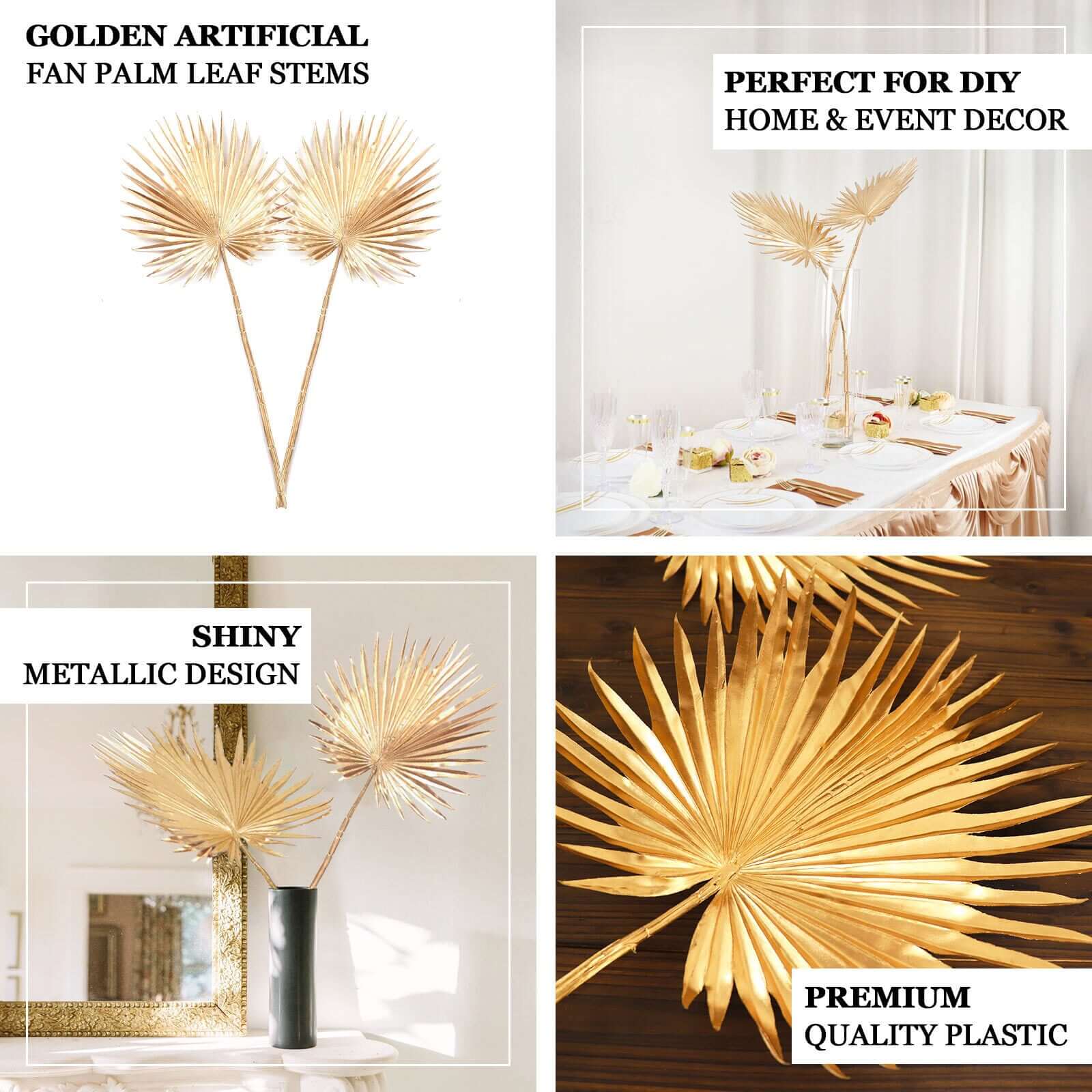 2-Pack Artificial Palm Leaf Stems Metallic Gold - Glam Tropical Faux Plant Vase Filler Floral Backdrop Table Decor 34