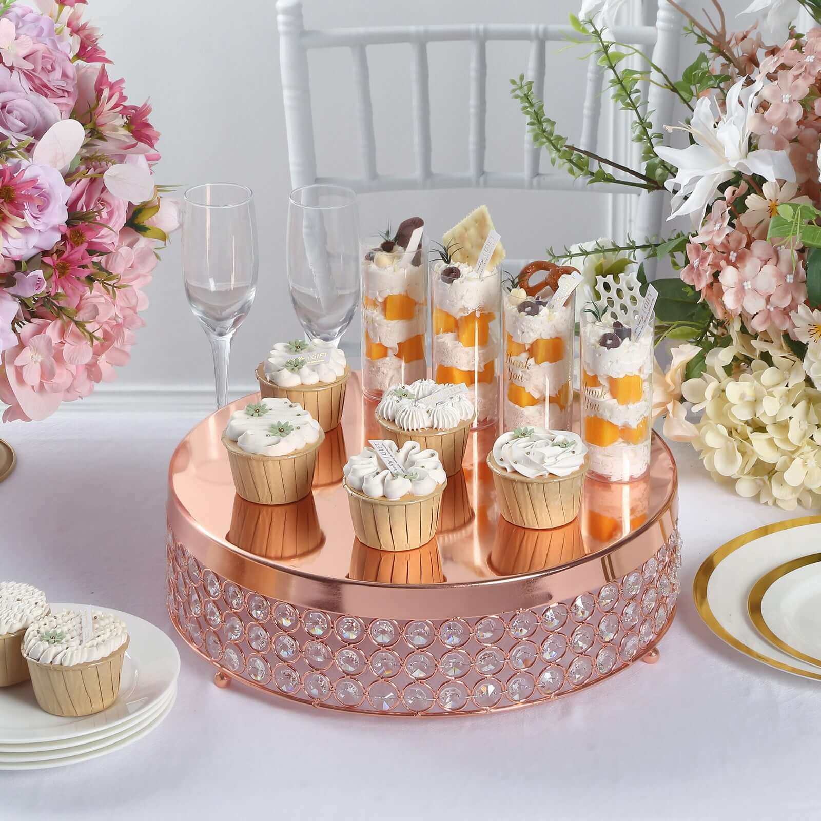 Metal Cake Stand Pedestal Crystal Beaded Design Rose Gold - Cupcake Display and Dessert Riser 13