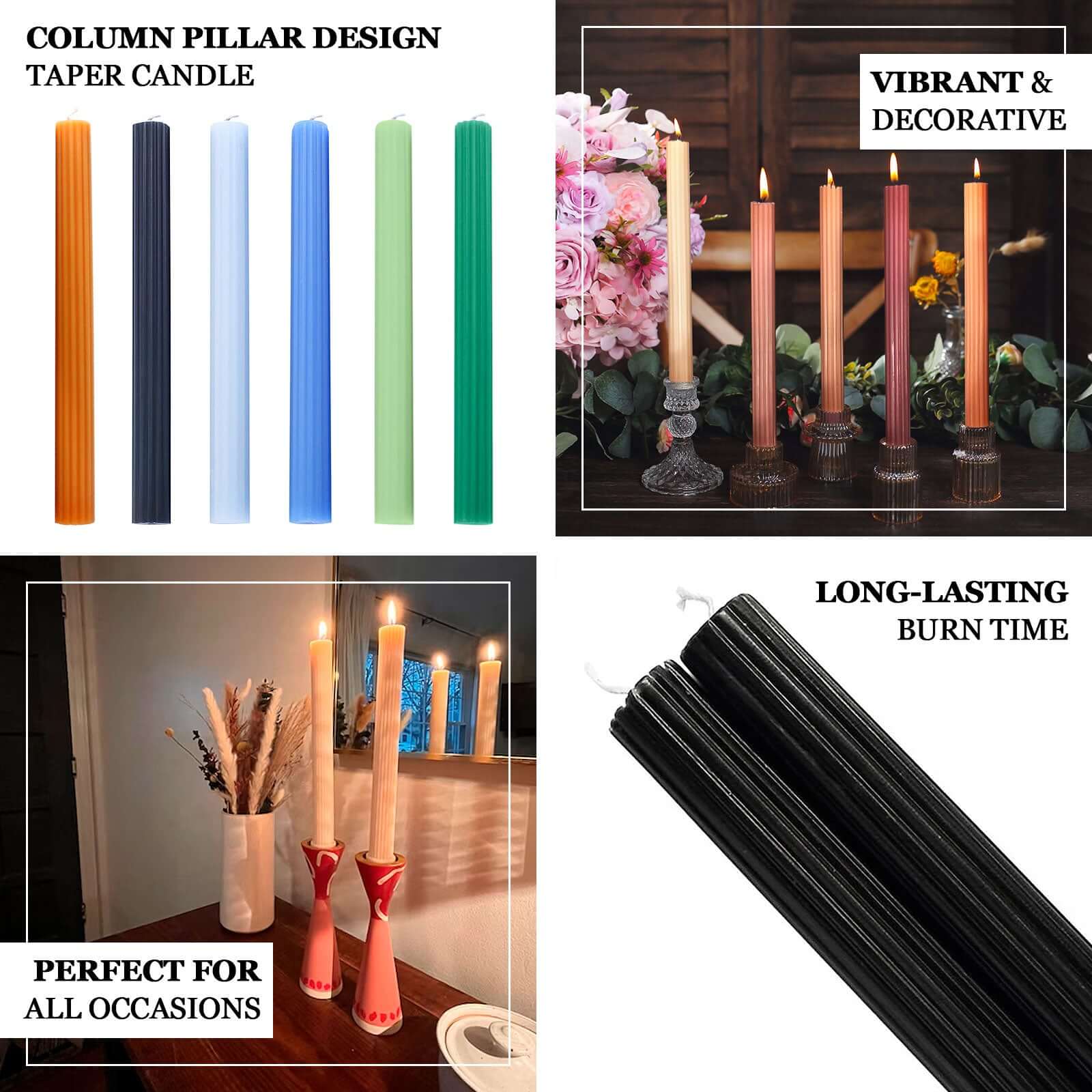 5-Pack Taper Candles Ribbed Wick Ribbon Wax Design Gold - Premium Unscented Dinner Candles 9