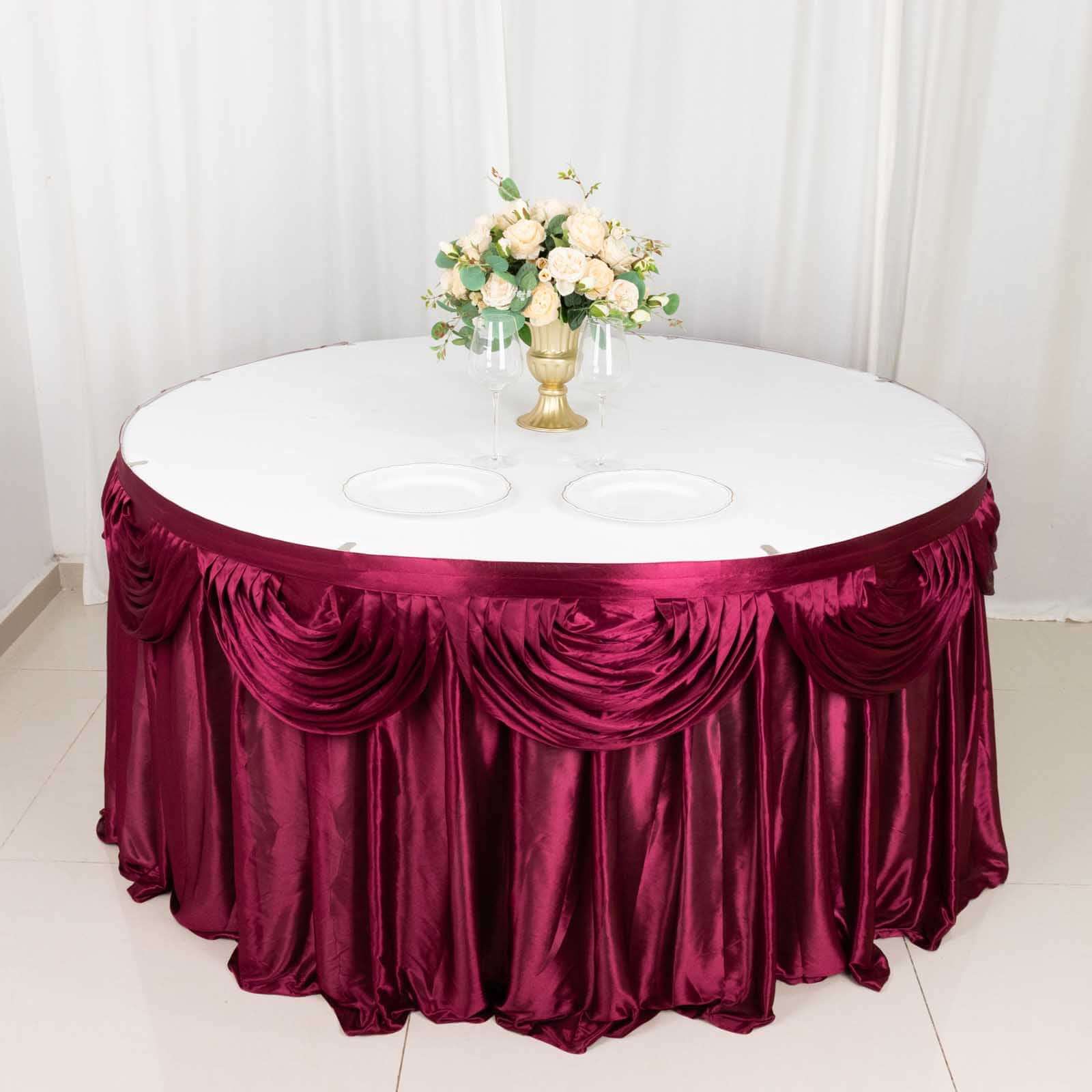 Satin 14ft Table Skirt Burgundy - Pleated Double Drape Table Cover