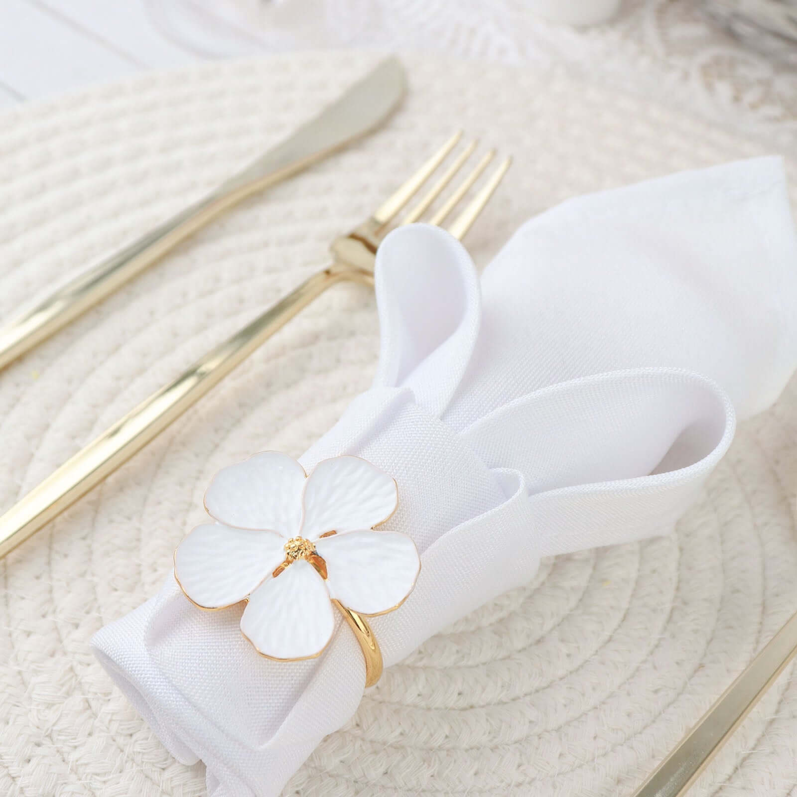 4 Pack White and Gold Metal Flower Napkin Rings, Floral Serviette Buckle Napkin Holder Set - Plum Blossom Design