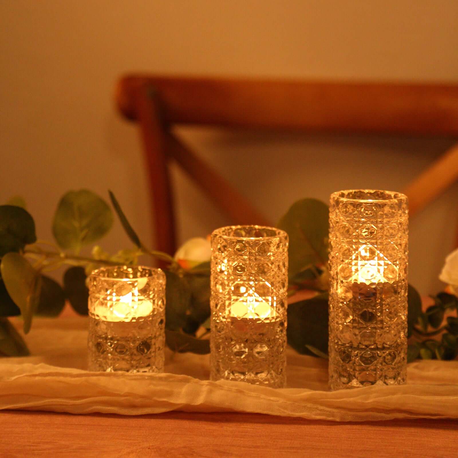 Set of 3 Glass Taper Candle Holders Clear with Gemstone Pattern - Dual Sided Crystal Cylinder Tealight Stands 3, 4, 5.5