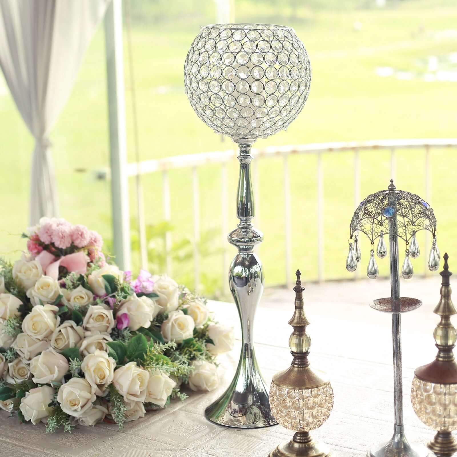 Acrylic Crystal Beaded Goblet Candle Holder Silver - Exquisite Flower Ball Centerpiece Stand for High-End Event Styling 30