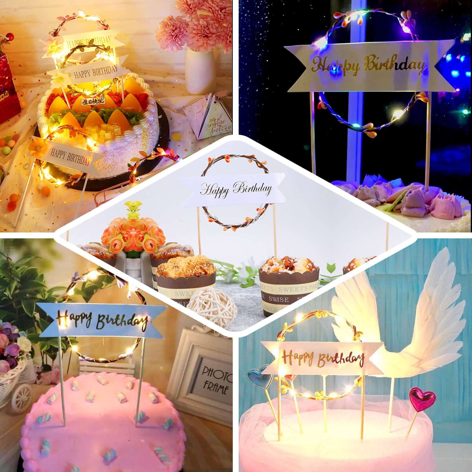 Light Up Happy Birthday Cake Topper Warm White LED - Luminous Blinking Mini Wreath Cake Decoration for Glamorous Birthday Parties & Events