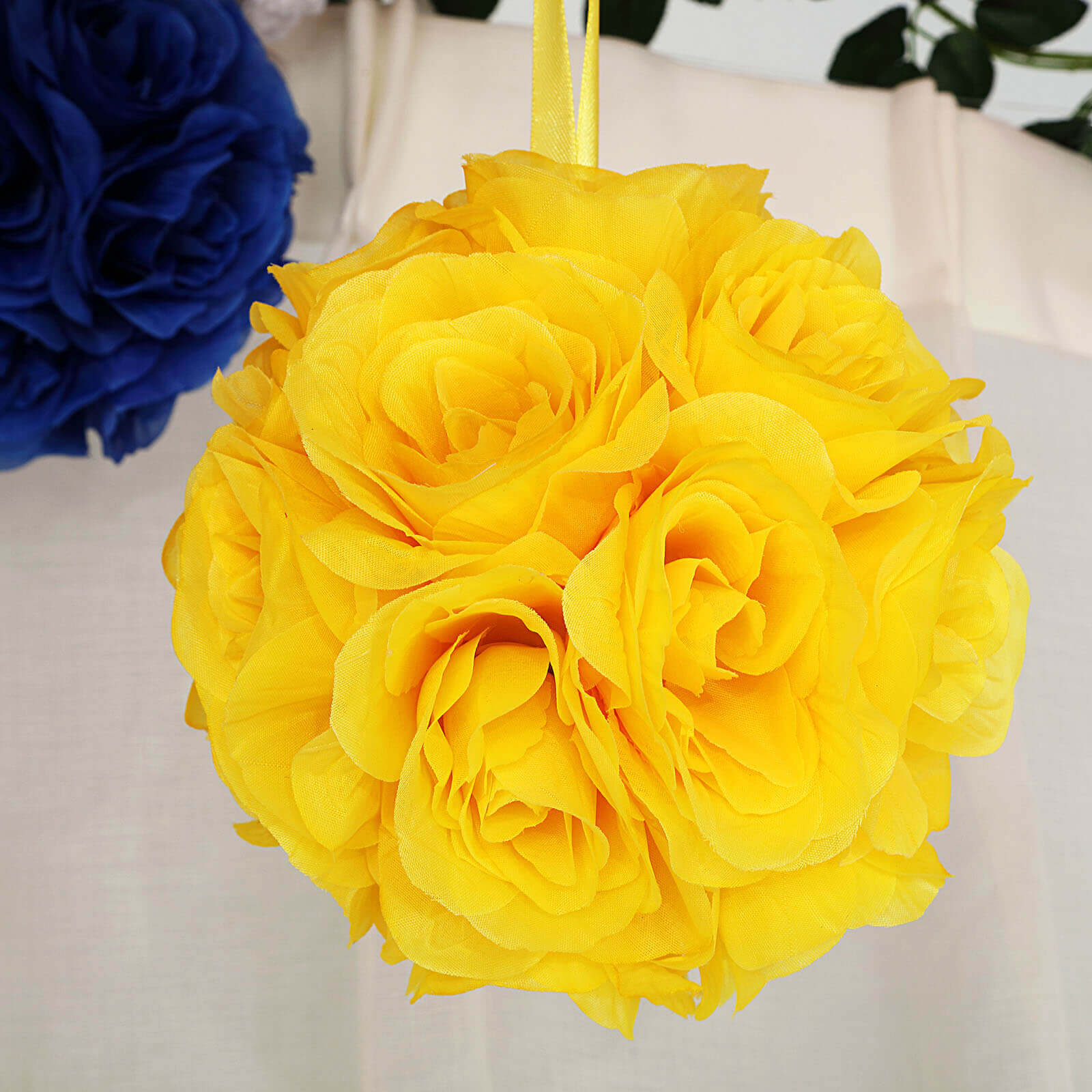 2 Pack 7 Yellow Artificial Silk Rose Kissing Ball, Faux Flower Ball