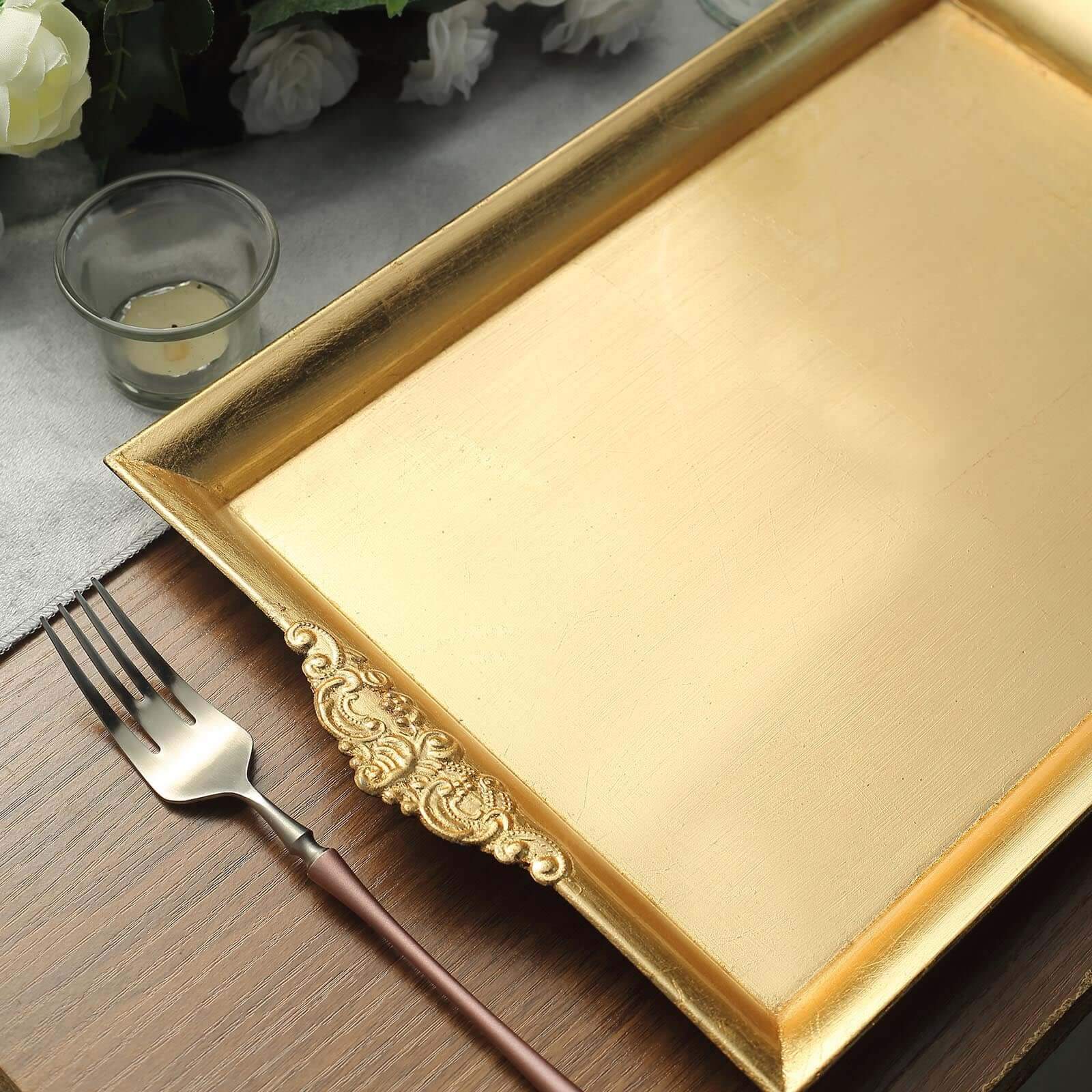 2-Pack Acrylic Rectangle Serving Trays 14x10 in Gold with Embossed Handles, Sleek Decorative Dinner Party Food Platters