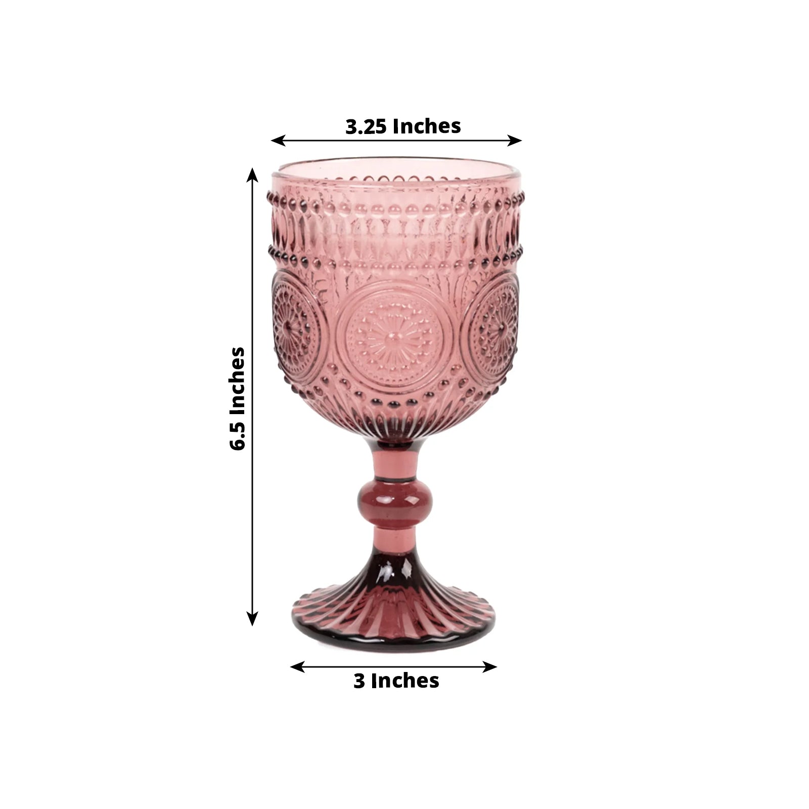 6-Pack Wine Glasses Dusty Rose Vintage Embossed Design with Textured Floral Pattern - Short Stemmed Glasses for Drinks & Cocktails 12oz