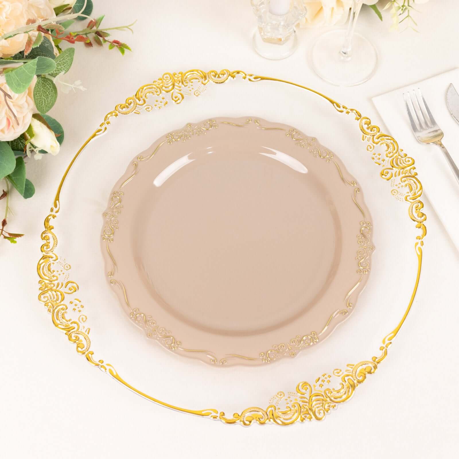 10-Pack Plastic 10 Round Dinner Plates in Taupe with Gold Vintage Embossed Rim - Sturdy Disposable Scalloped Edge Party Plates