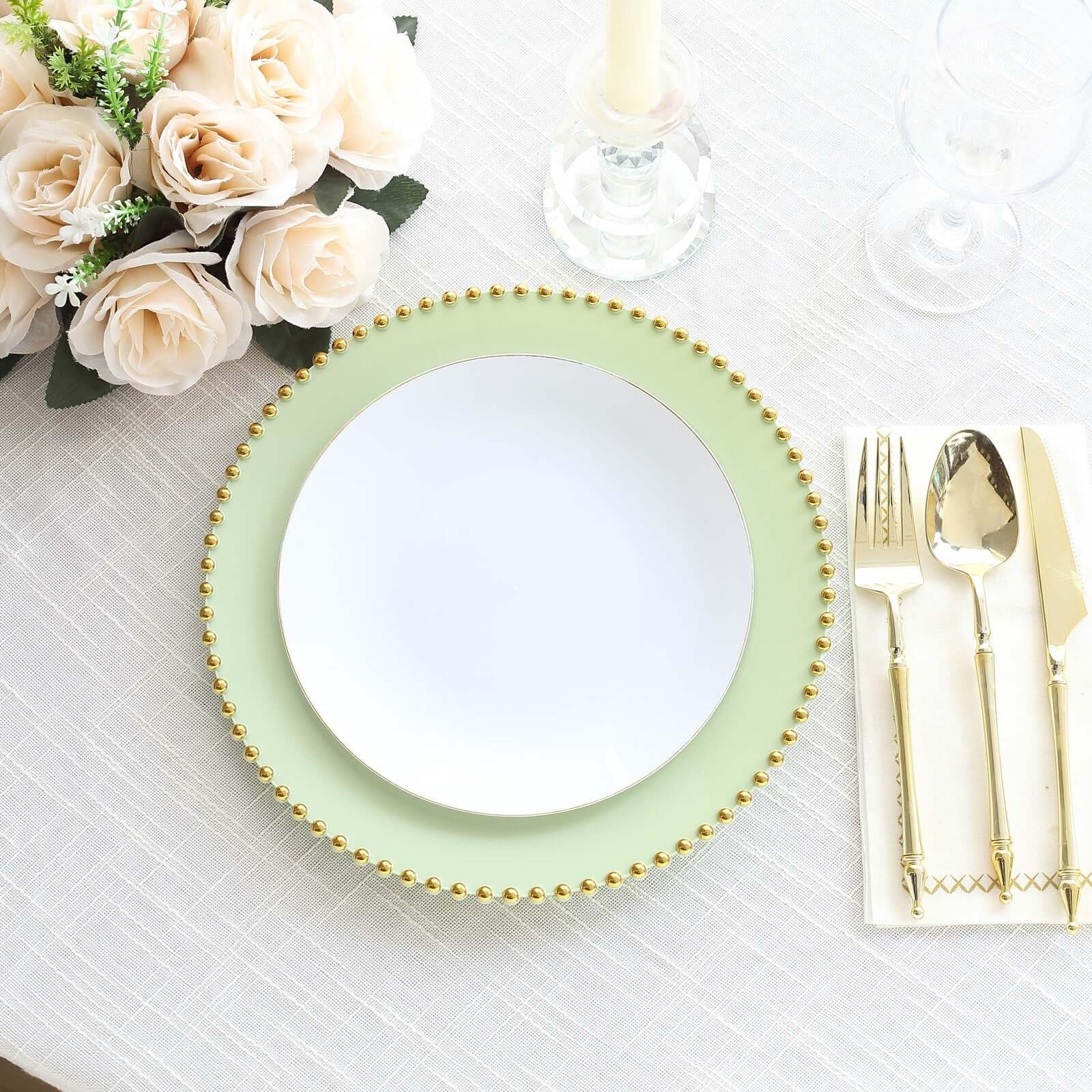 10-Pack Plastic 10 Round Dinner Plates in Sage Green with Gold Beaded Rim - Disposable Party Plates