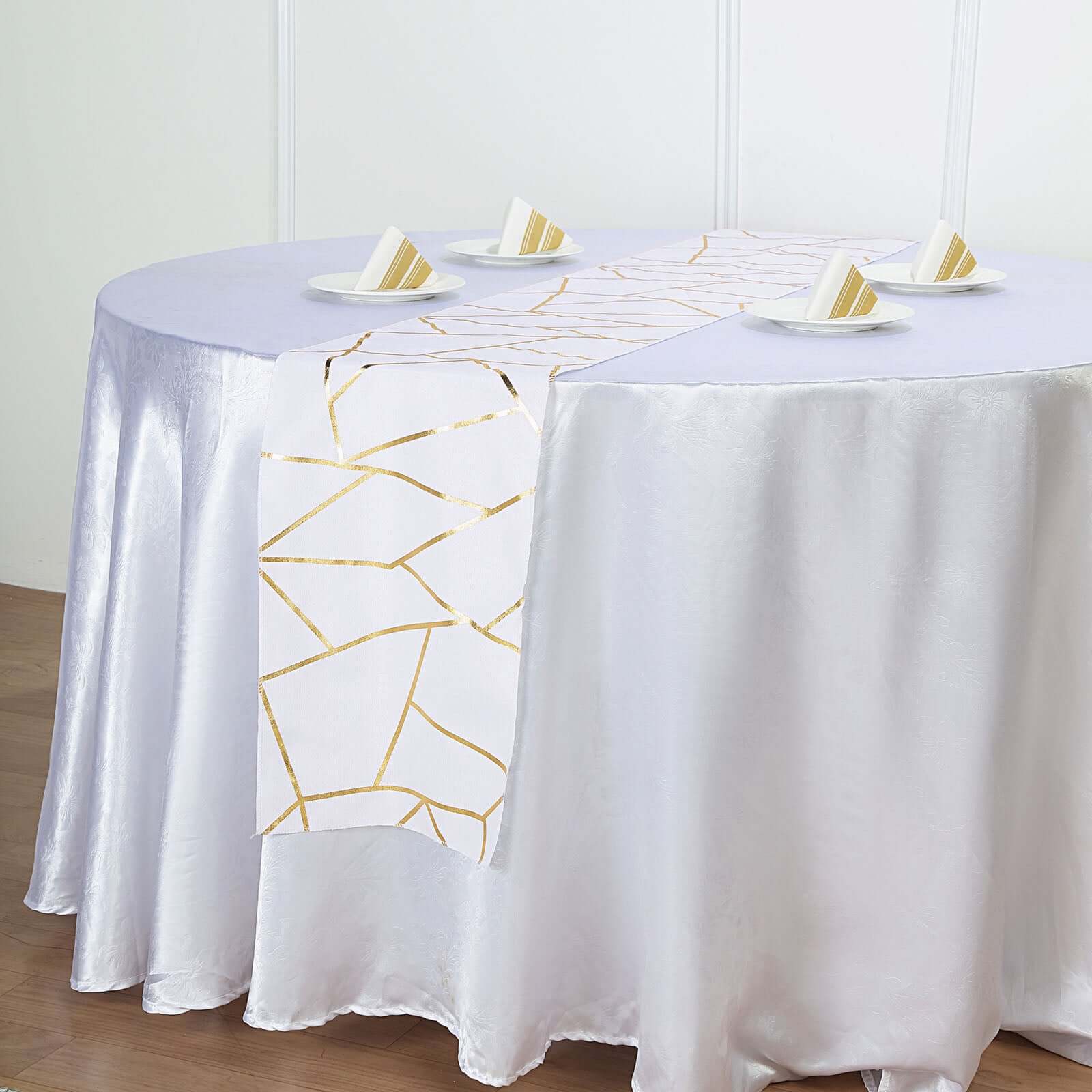 Polyester 9ft Table Runner White with Gold Foil Geometric Pattern - Modern & Stylish Table Decor