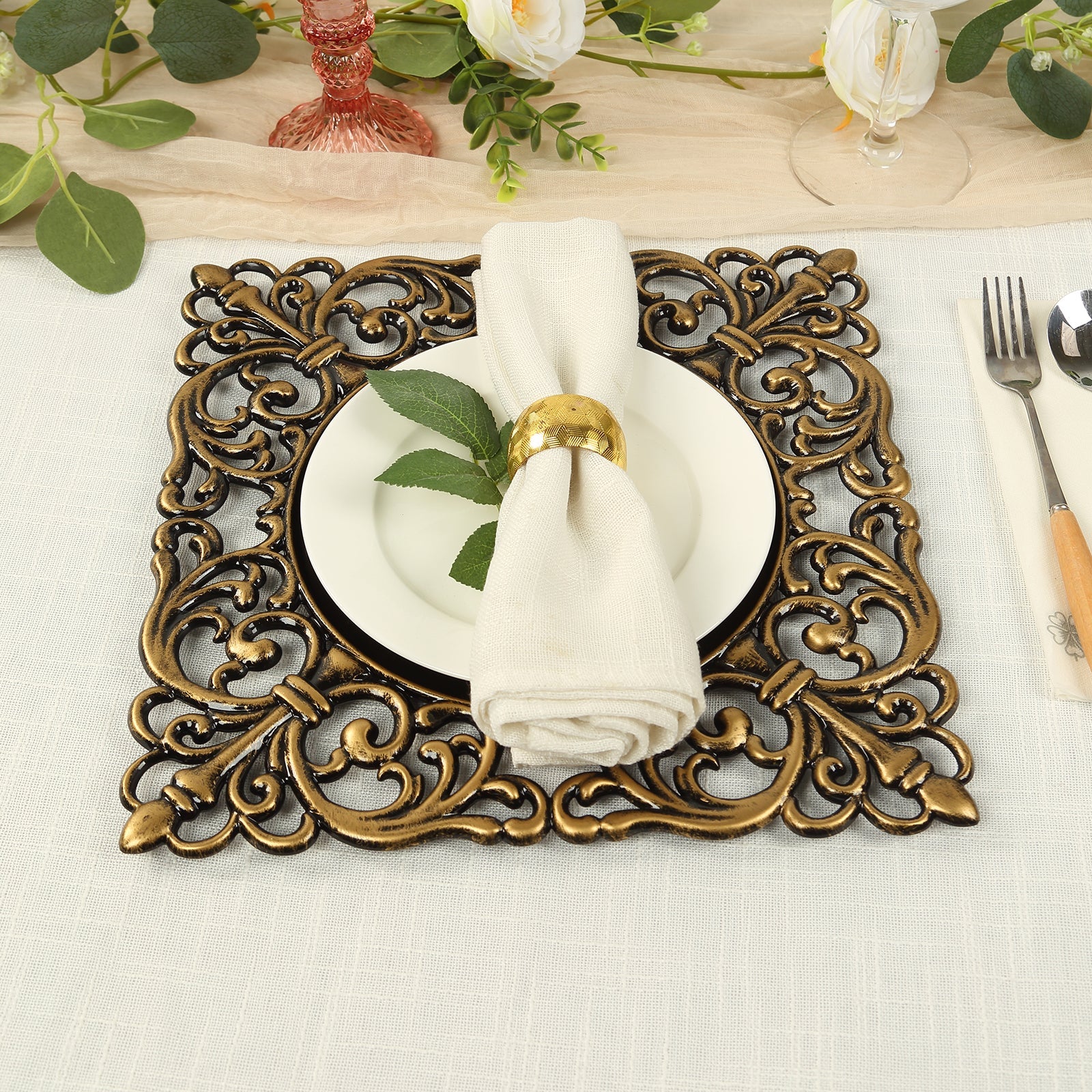 6-Pack Acrylic Square Charger Plates 12 in Black with Antique Gold Hollow Lace Border, Event Tabletop Decorative Charger Tableware