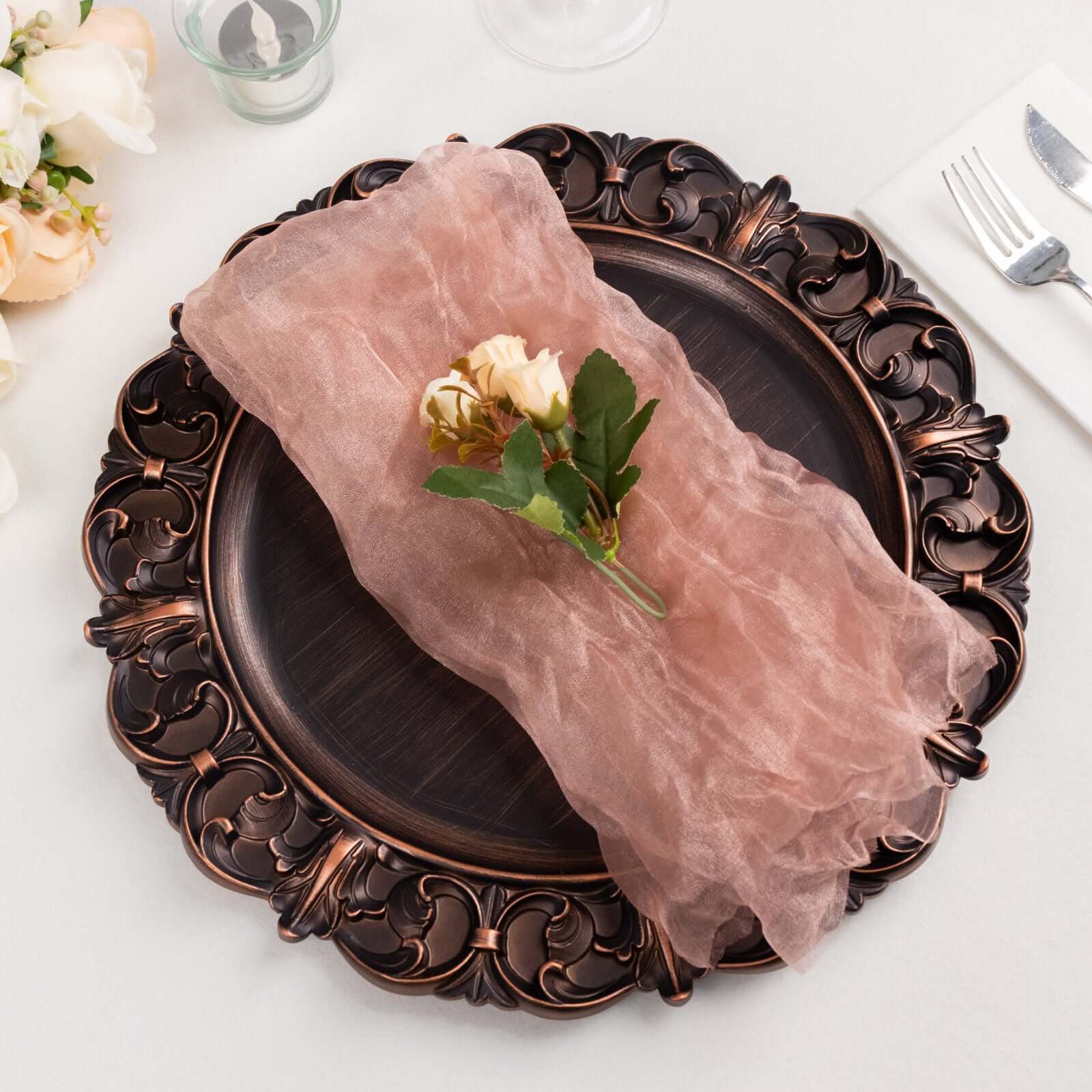 5 Pack Crinkled Organza 21x21 Napkins Dusty Rose - Rustic Style Dinner & Party Napkins
