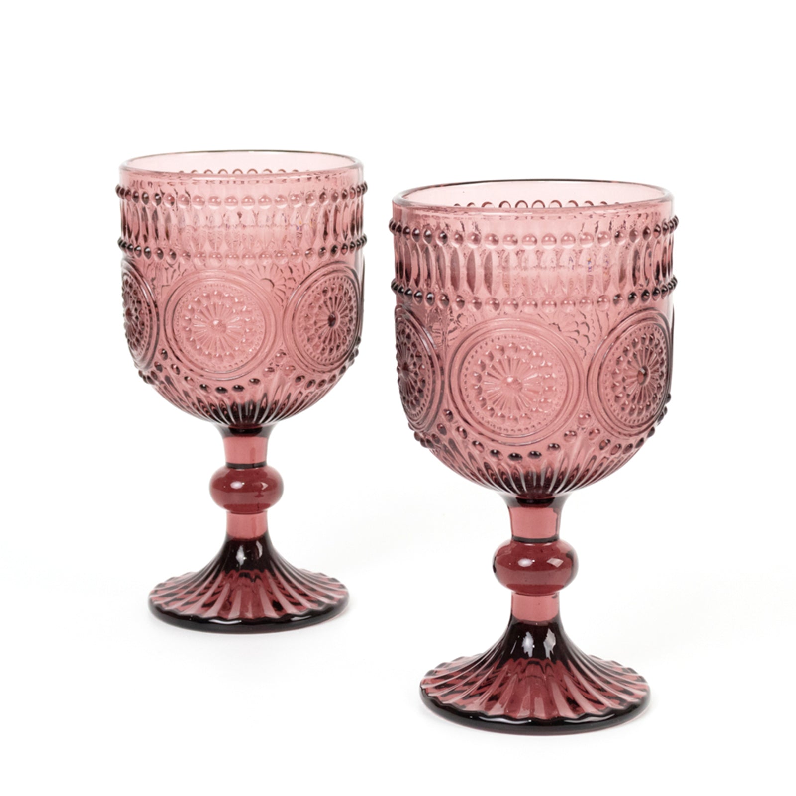 6-Pack Wine Glasses Dusty Rose Vintage Embossed Design with Textured Floral Pattern - Short Stemmed Glasses for Drinks & Cocktails 12oz