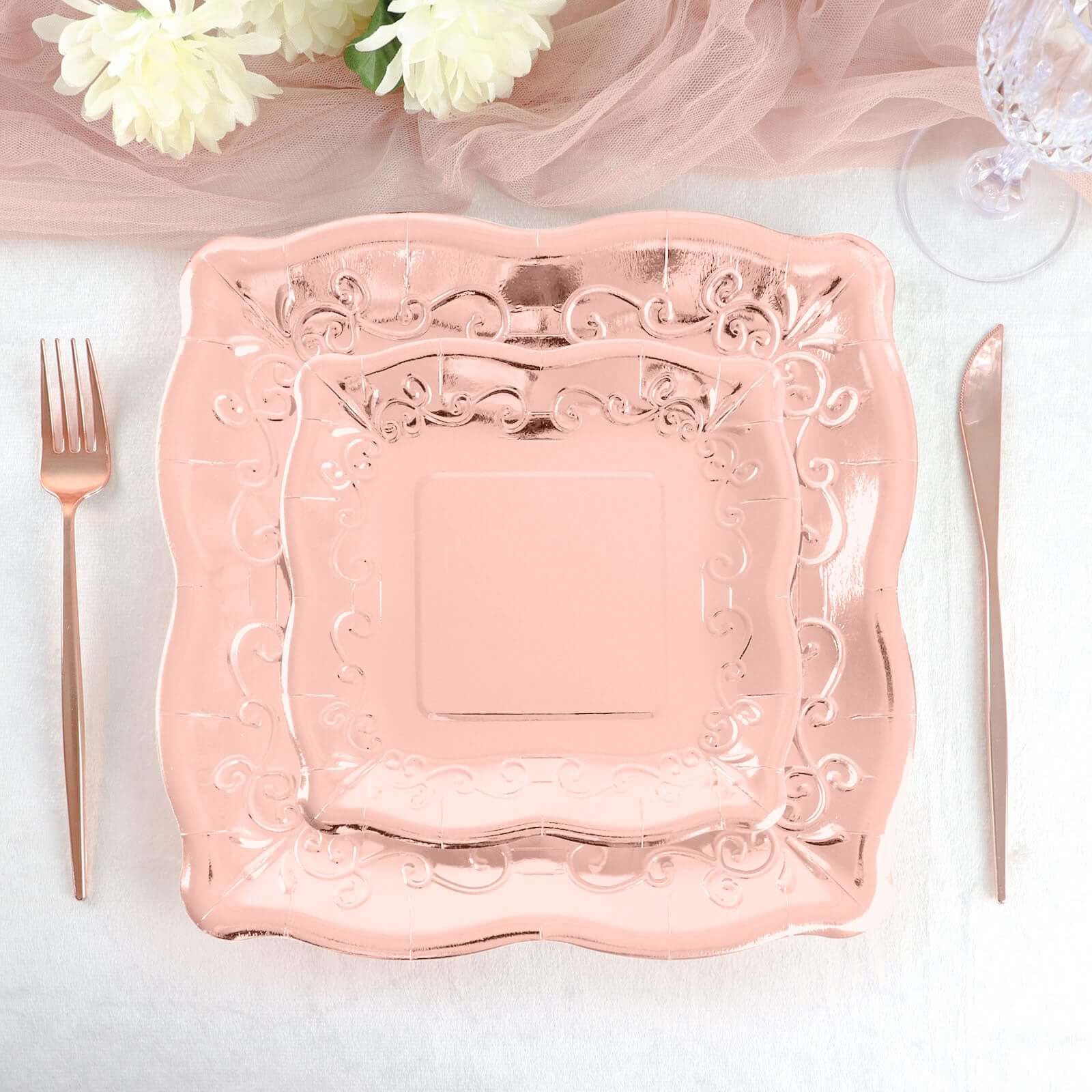 25-Pack Paper 11 Square Dinner Plates in Blush Rose Gold with Vintage Pottery Embossed Design - Shiny Metallic Disposable Serving Plates