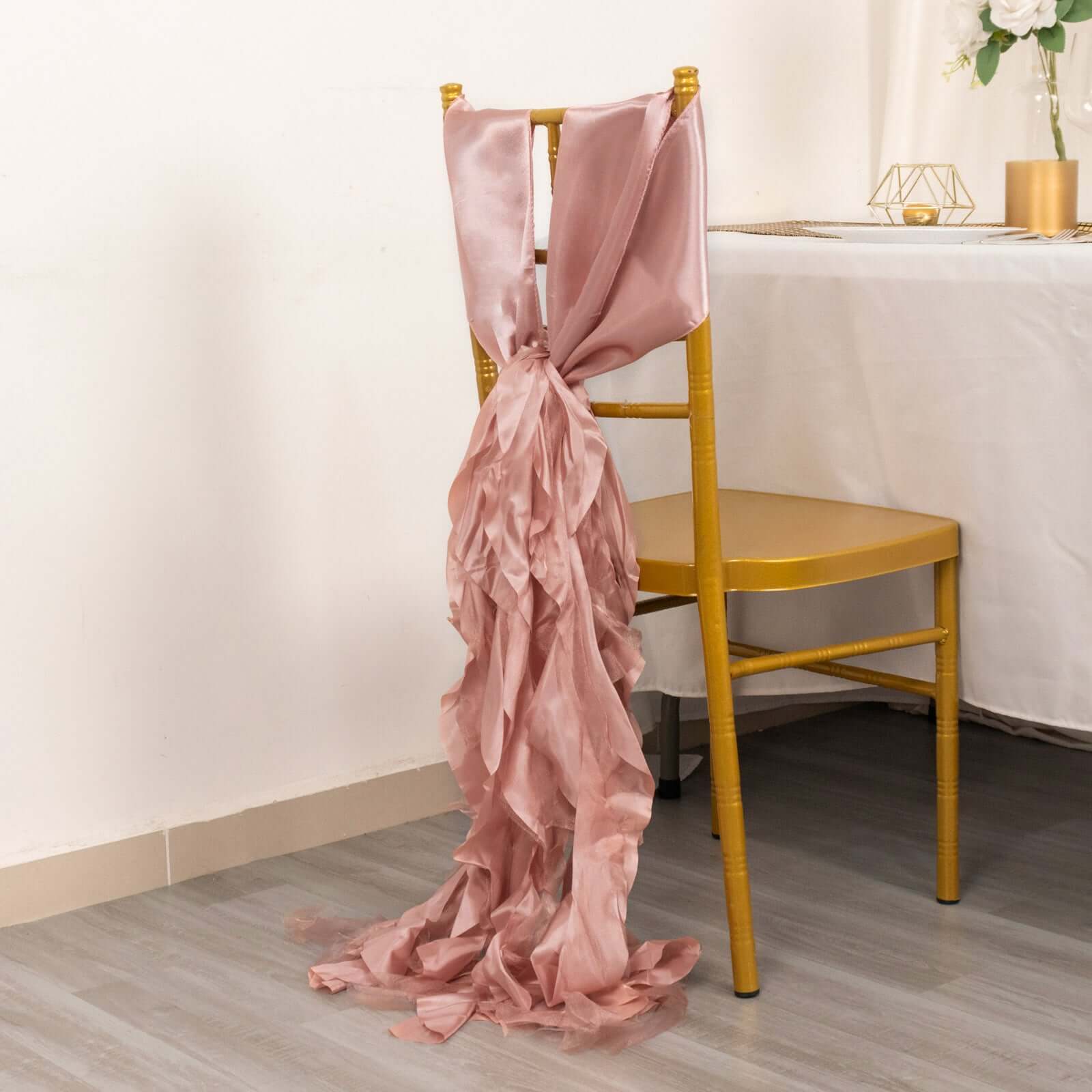 5 Pack Chiffon Satin Chair Sashes Mauve - Easy to Install Ruffled Curly Willow