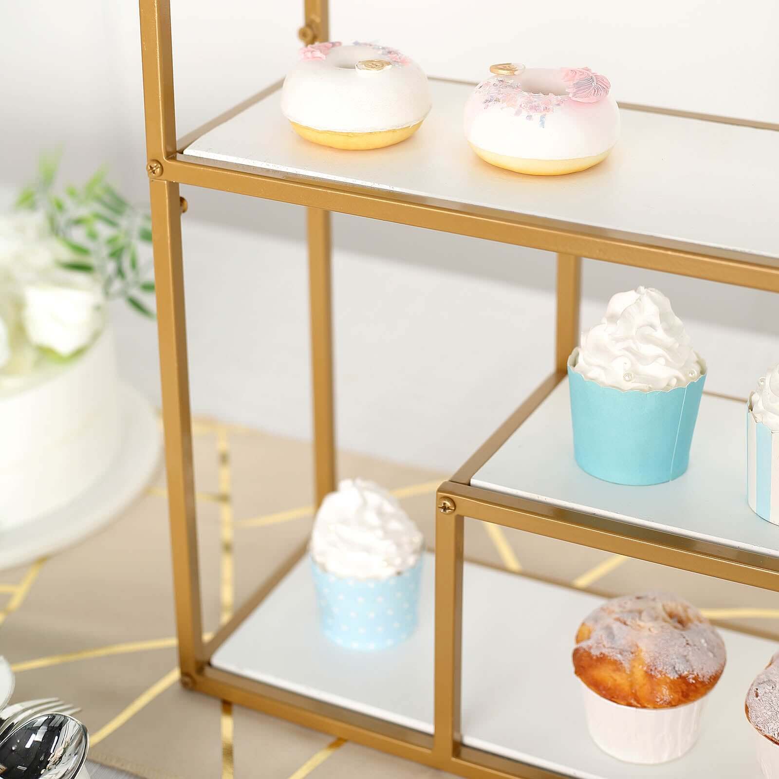 4-Tier Dessert Cupcake Stand Metal Gold with White Wood Panels - Wall Shelf & Book Display Rack 22